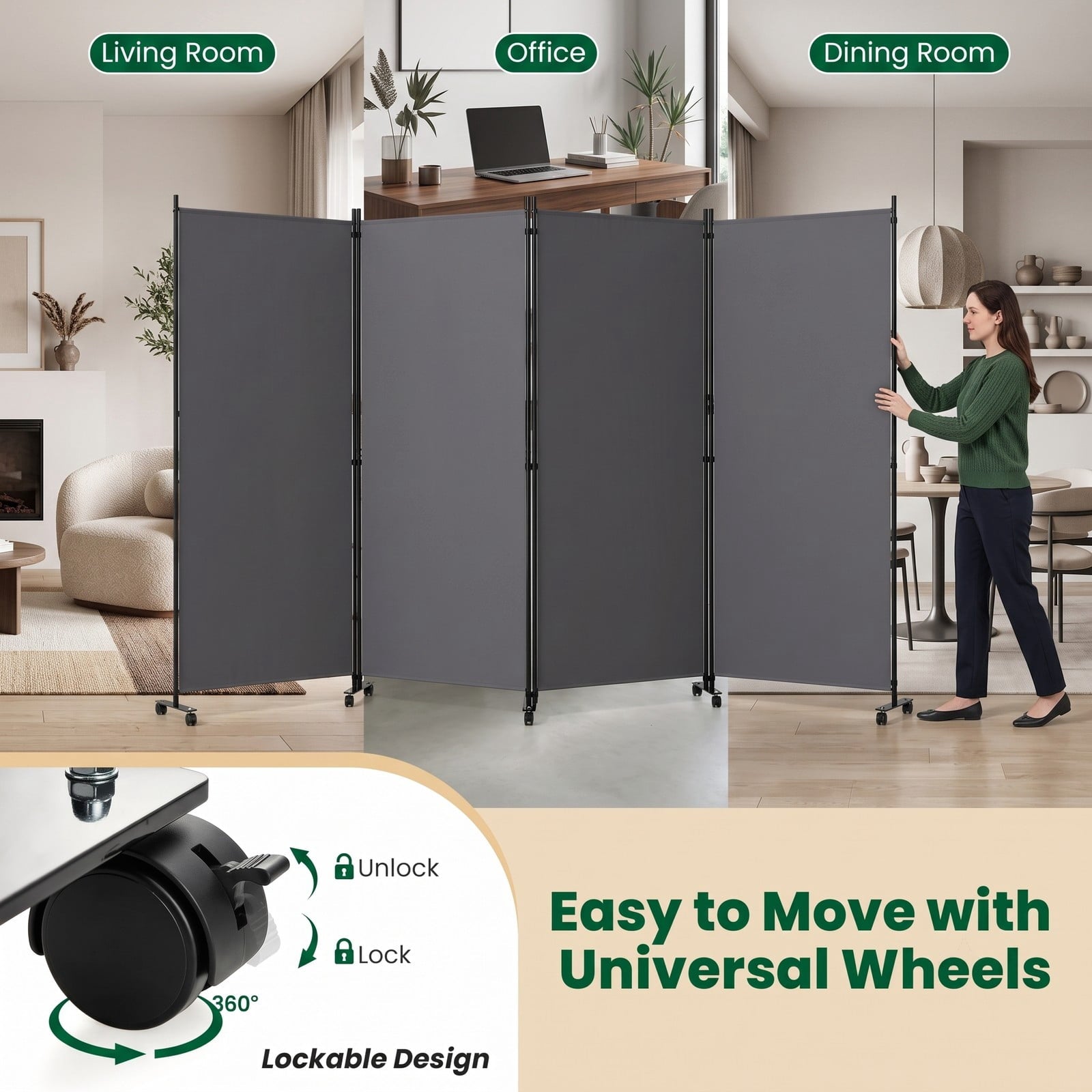 Fenbeli 4 Panel Folding Room Divider Privacy Screen with Wheels, Freestanding Polyester Fabric Partition with Metal Frame for Living Room Bedroom Office, Gray