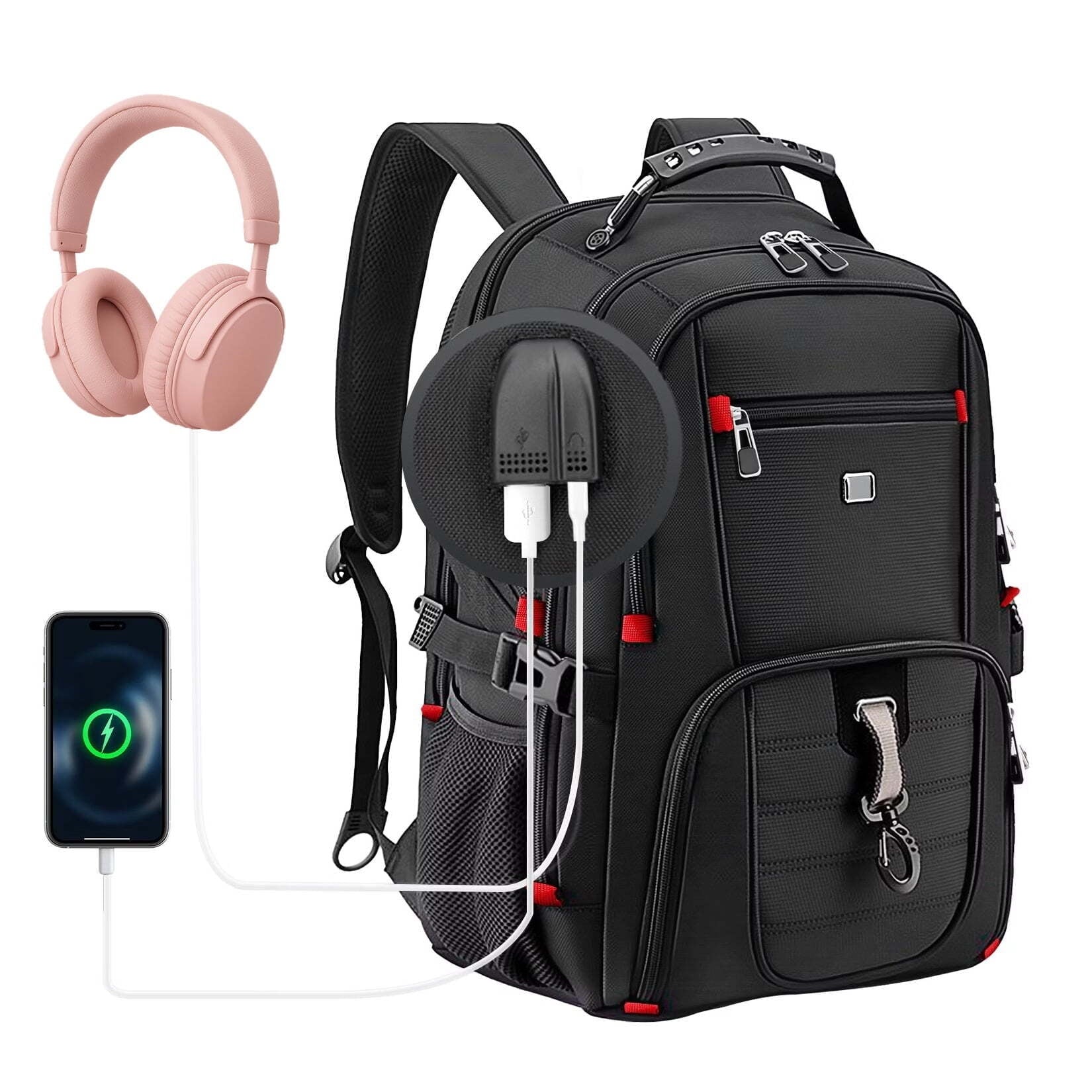 Fenbeli 50L Extra Large Travel Laptop Backpack, TSA Approved Carry On Backpack with USB Charging Port, Fits 17.3 Laptop, Water Resistant College Business Work Backpack for Men and Women, Black