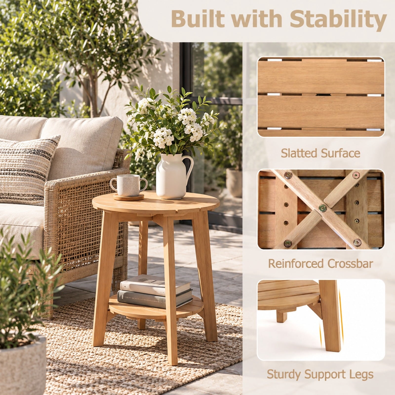 Fenbeli Set of 2 Eucalyptus Wood Side Table 2-Tier with Slatted Tabletop and Storage Shelf for Outdoor, 165 lbs Capacity, Eucalyptus Wood Frame