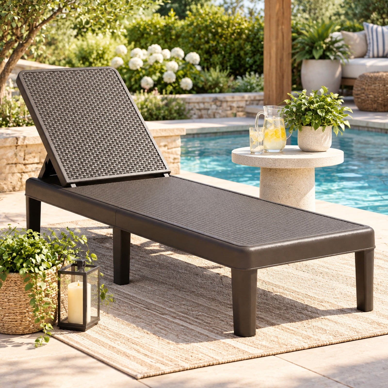 Fenbeli Outdoor Chaise Lounger Chair with Waterproof Rattan Textured PP Surface and 330 lbs Capacity, 330 lbs Capacity, PP Frame, Brown