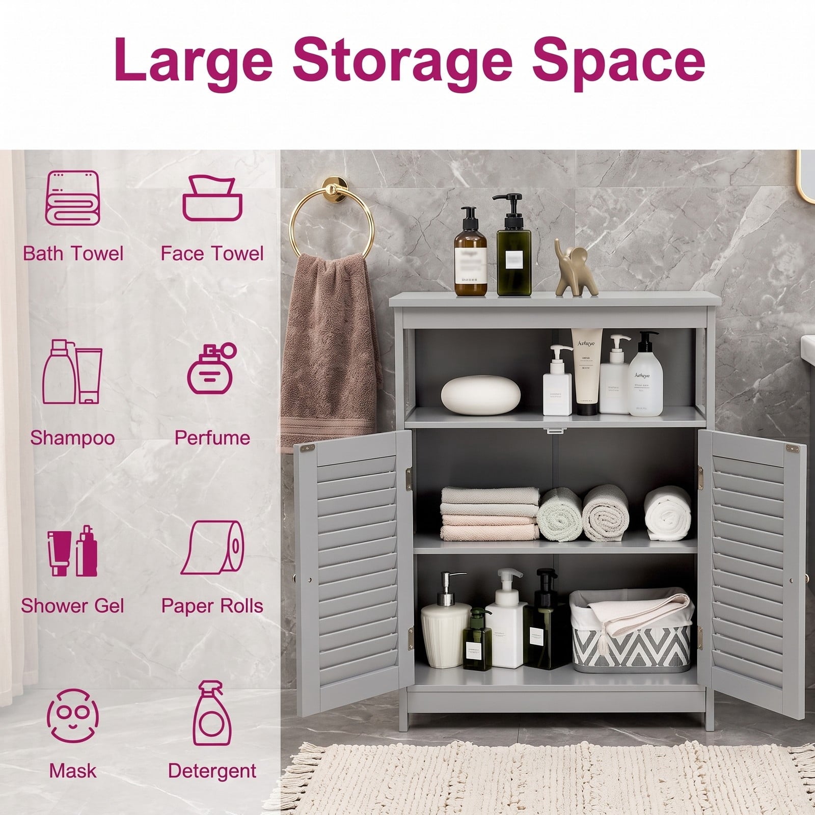 Fenbeli Wood Freestanding Bathroom Storage Cabinet with Double Shutter Doors, Adjustable Shelf, Anti-Tipping Floor Organizer for Bathroom Living Room Bedroom, Gray