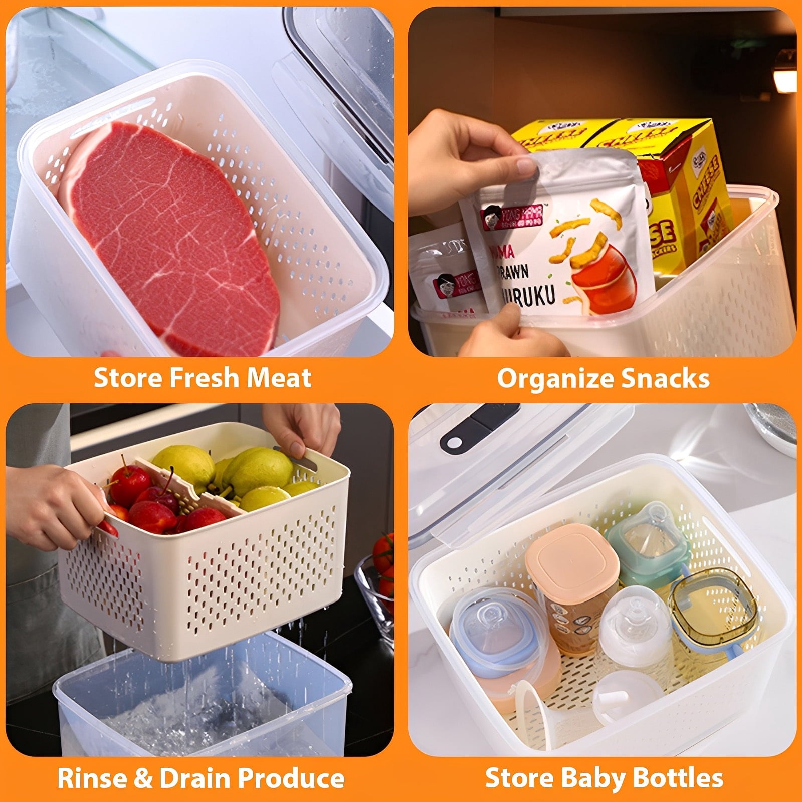 Fenbeli Fruit Vegetable Storage Containers for Fridge, 6 Pack Produce Saver with Lids and Removable Colander, BPA-Free Airtight Fresh Keeper with Adjustable Vent and Divider, Refrigerator Organizer Set