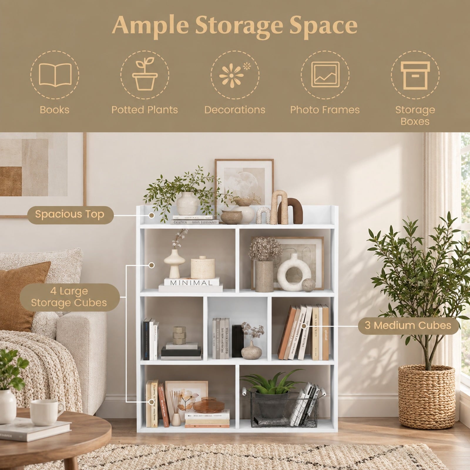 Fenbeli 7 Cubes Open-back Bookshelf with Anti-Toppling Devices, 88 lbs Capacity, 31.5 x 8 x 35.5 Footprint, White