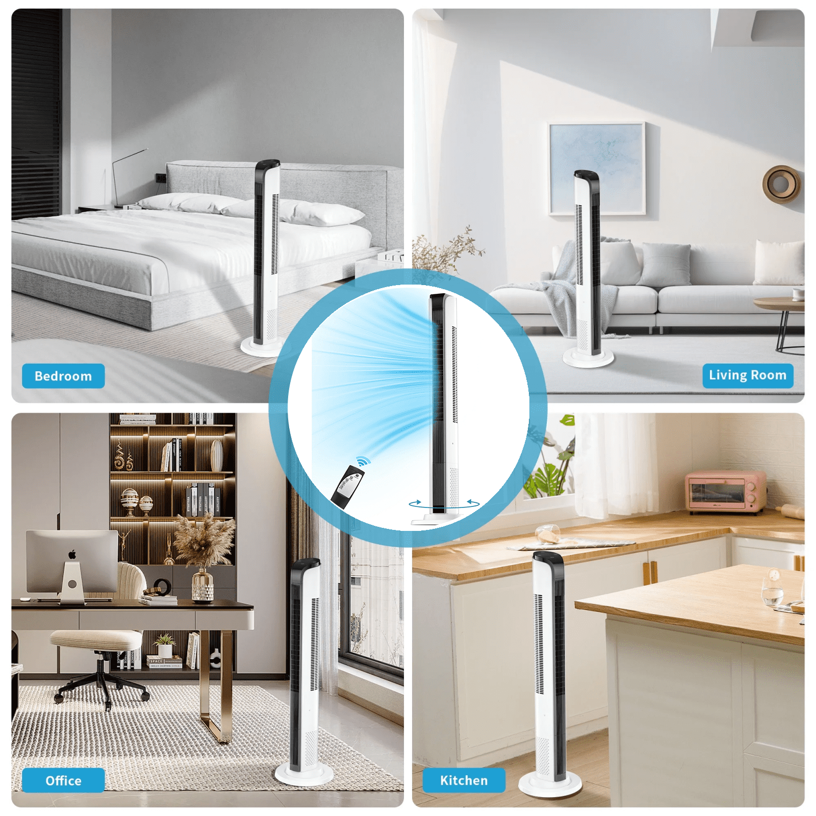43in Tower Fan for Home, 12H Timer Standing Fan with Remote, 75¡ã Oscillating Cooling Fan with 3 Wind Modes and 3 Wind Speeds, White