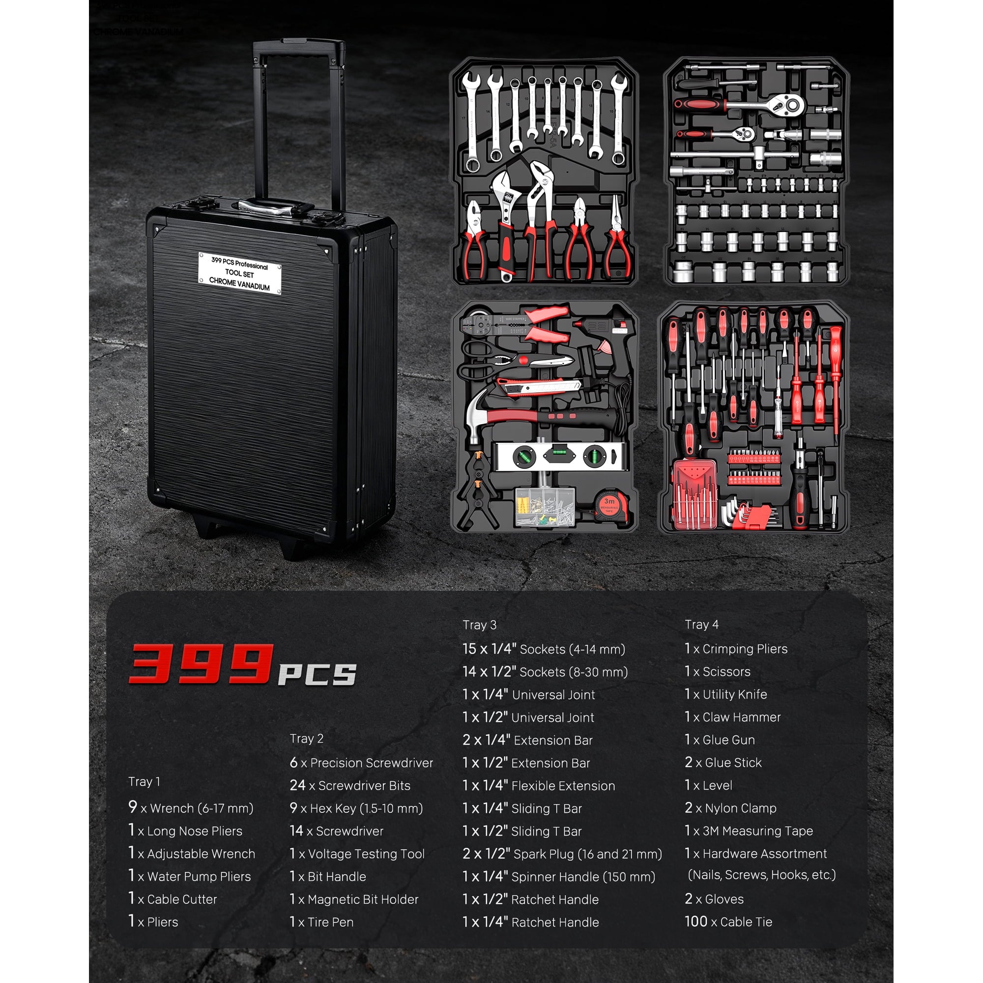 Fenbeli 399 Piece Tool Set, Professional Chrome Vanadium Steel Tool Kit with Aluminum Trolley Case and Wheels, Home Auto Repair Mechanic Tool Box, Black