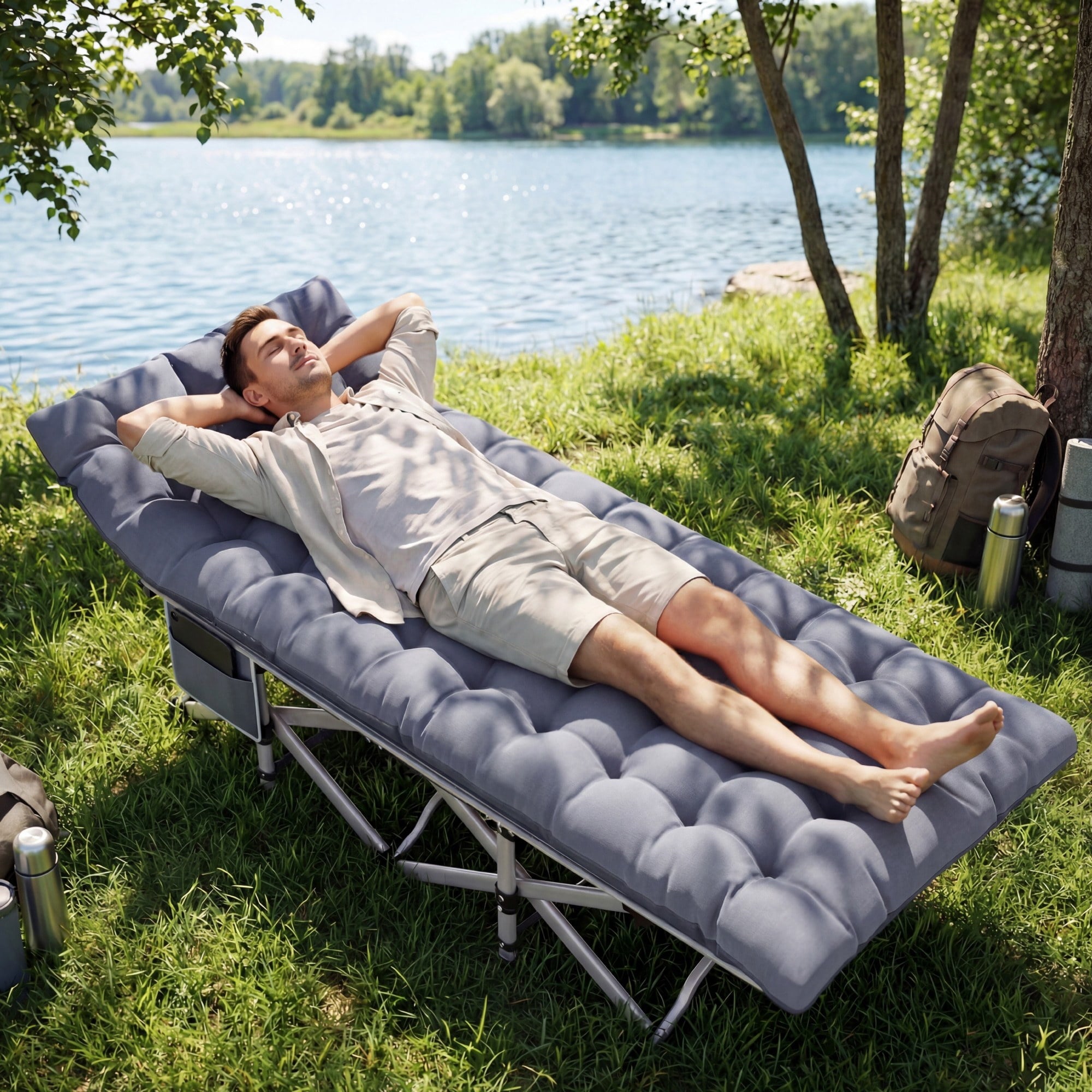 Fenbeli Camping Cot with Mattress, Heavy Duty Folding Cot Bed for Adults, Portable Sleeping Cot for Camping Travel Outdoor Tent and Home Guest, Gray
