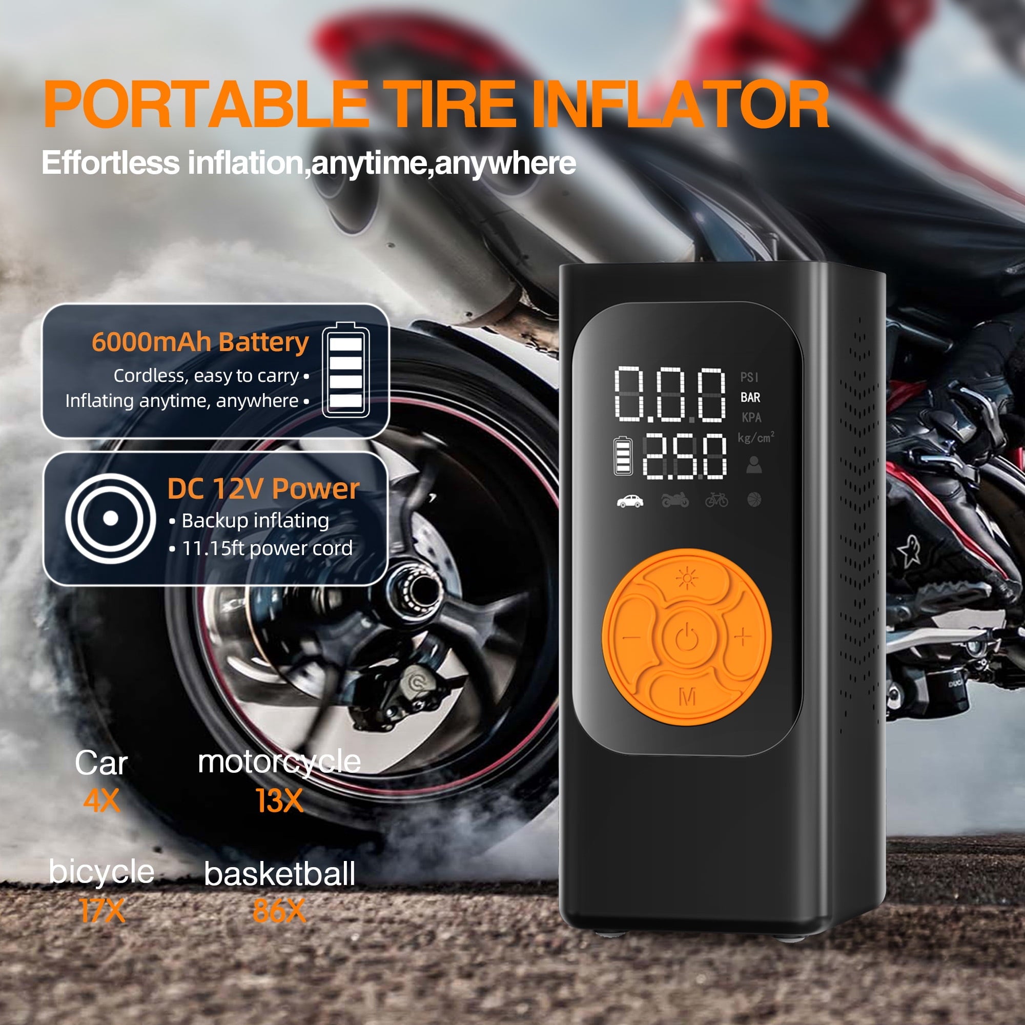Fenbeli Portable Tire Inflator, 150PSI Cordless Air Compressor with 6000mAh Battery and DC 12V Dual Power, Digital Pressure Gauge, LED Light and Power Bank, Air Pump for Car Bike Motorcycle Ball, Black