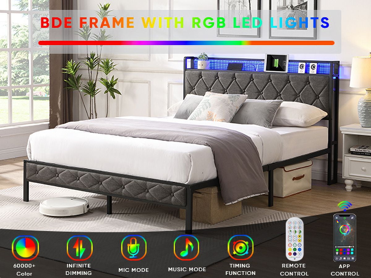 Furnibear Queen Bed Frame with RGB LED Lights, Charging Station And Storage Headboard | Reinforced Platform | Easy Assembly, Dark Gray