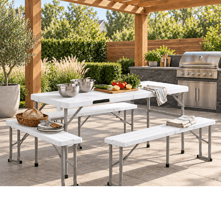 Fenbeli 6 FT Folding Picnic Table with 2 Benches, 660 lb Foldable Portable Picnic Set, 70 in Wood Grain HDPE Plastic Top, Steel Frame, Seats 4, Outdoor Camping Dining Table for Patio, Party, BBQ