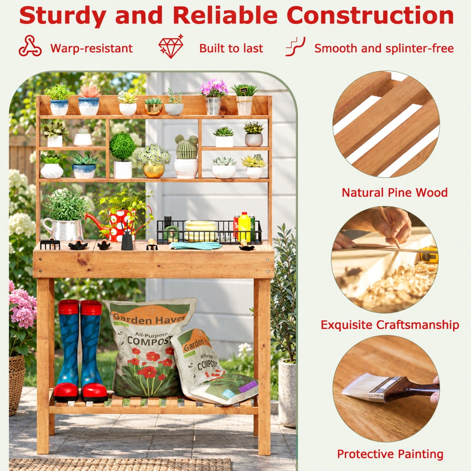 Fenbeli Wooden Potting Bench Table Garden Planting Workstation with 3-Tier Open Shelf, Upper Shelf 22 lbs Capacity, Fir Wood Frame, Brown
