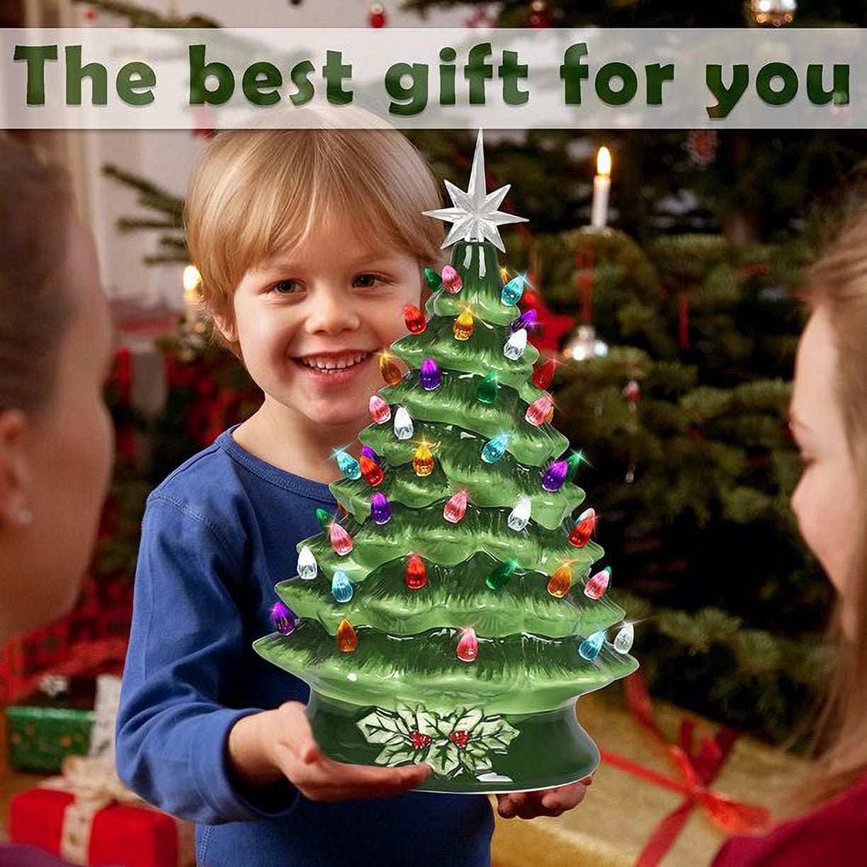 Fenbeli 15in Pre-Lit Hand-Painted Ceramic Tabletop Christmas Tree with 64 Lights - Green