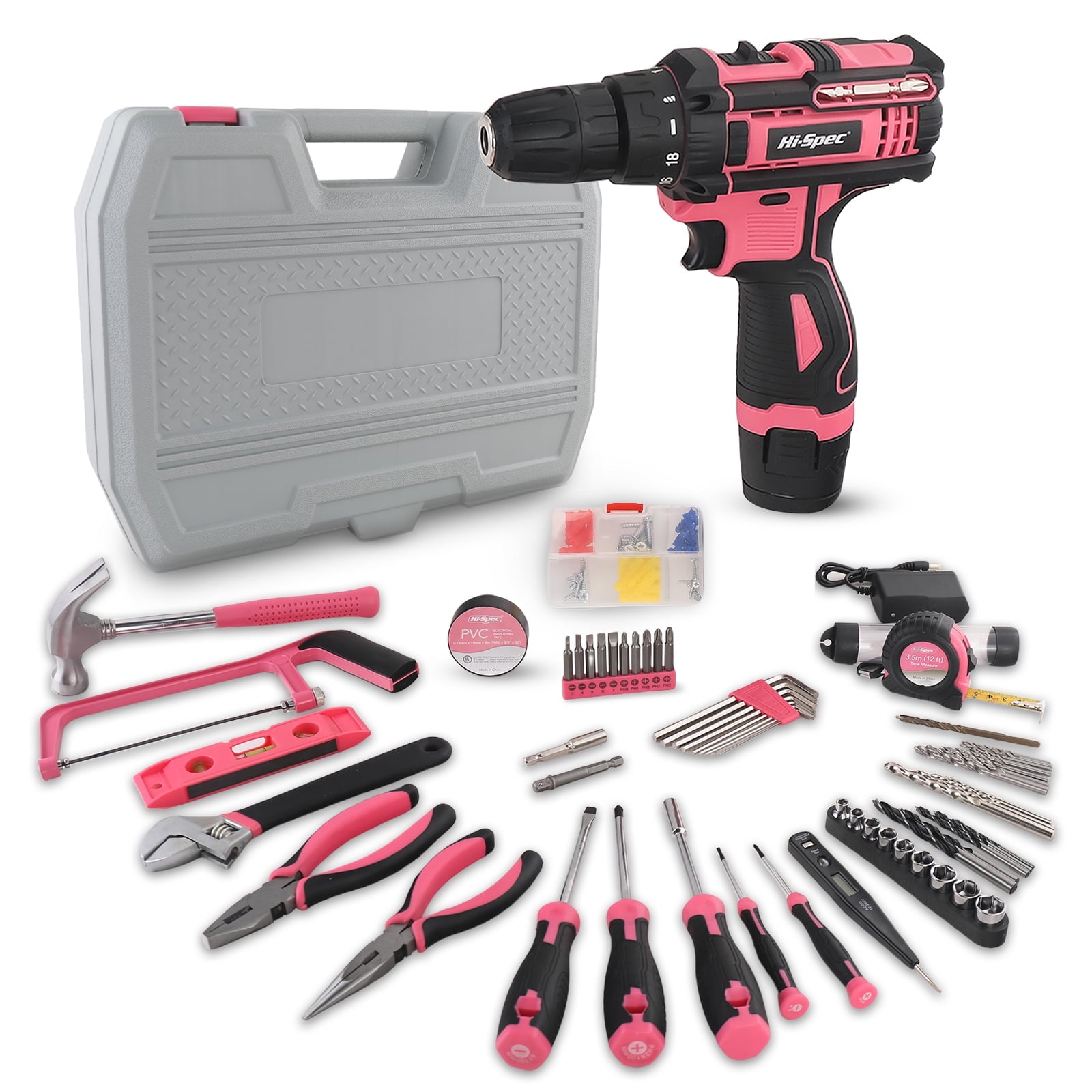 Fenbeli 121-Piece Mechanics Tool Set with Case Cordless Hand Drill Wrenches Professional Tools Kit for Car Repair Pink