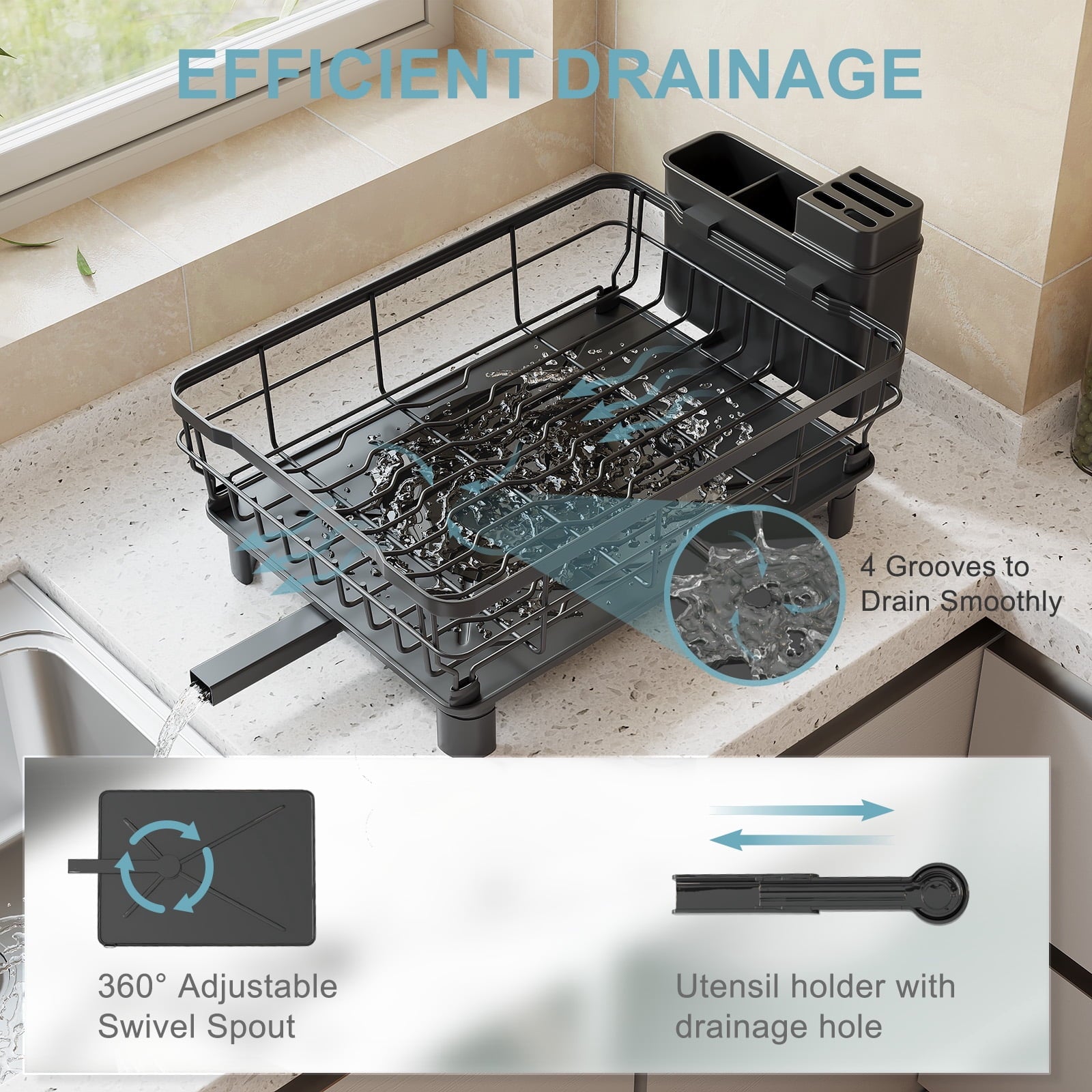 Fenbeli 2 Tier Dish Drying Rack,Premium Alloy Steel Dish Drainer for Kitchen Counter,Drainboard and Cup Holder,Anti-Rust & Space Saving,Utensil Holder,Black