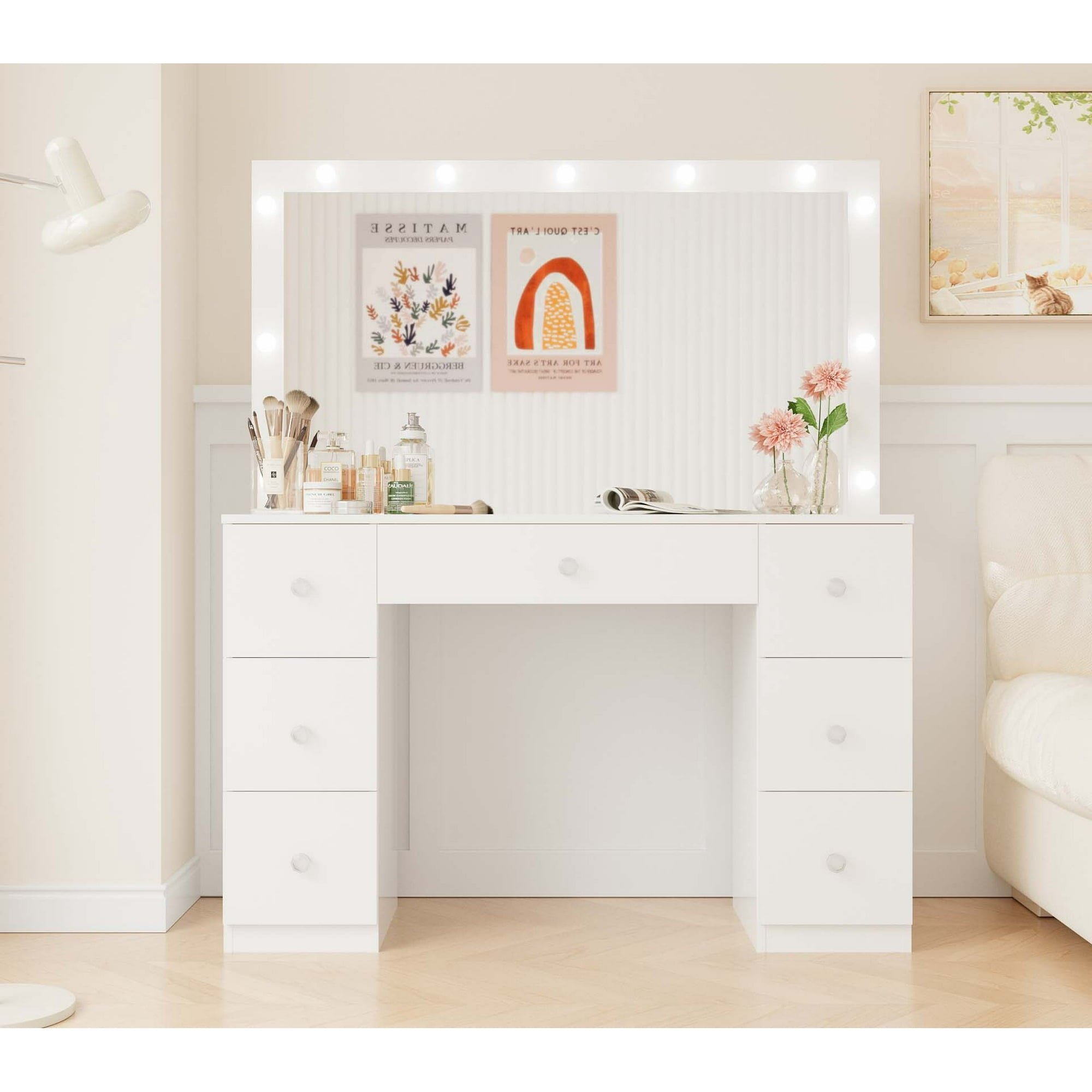 Fenbeli Vanity Desk with Mirror, LED Lights Makeup Vanity Table with 7 Drawers for Bedroom Dressing Room, White Finish