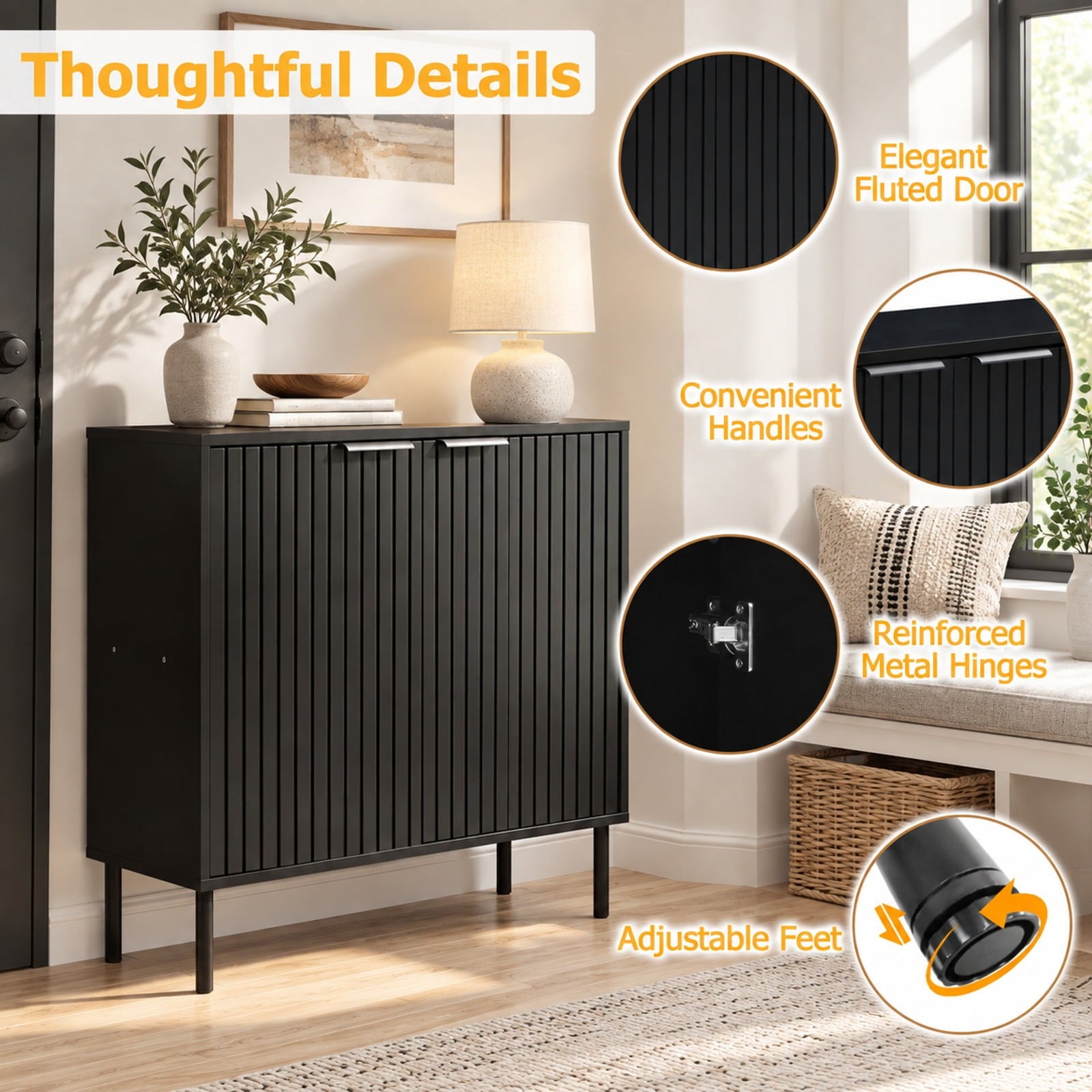 Fenbeli Fluted Buffet Cabinet with 2-Door Sideboard for Kitchen and Dining Room, Black, Metal legs provide strong and reliable support