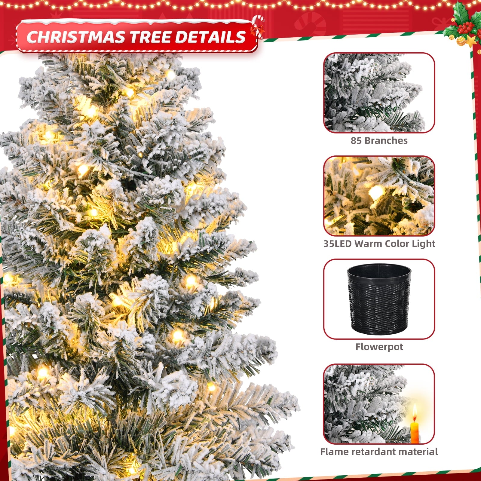Fenbeli Pre-Lit Artificial Mini Christmas Tree, 24" Snow Flocked Artificial Pine Xmas Tree