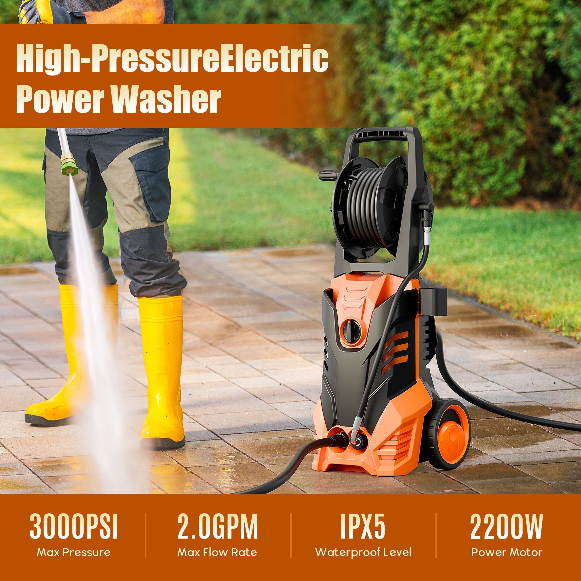 Fenbeli 3000 PSI Electric Pressure Washer, 2.0 GPM Power Washer with Hose Reel, 2000W High-Efficiency Cleaner for Cars, Homes, Driveways, and Decks