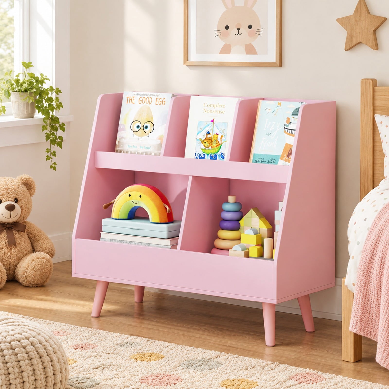 Fenbeli 5-Cube Kids Bookshelf and Toy Organizer with Anti-Tipping Kits, 68 lbs Capacity, MDF Solid Wood Frame, Pink