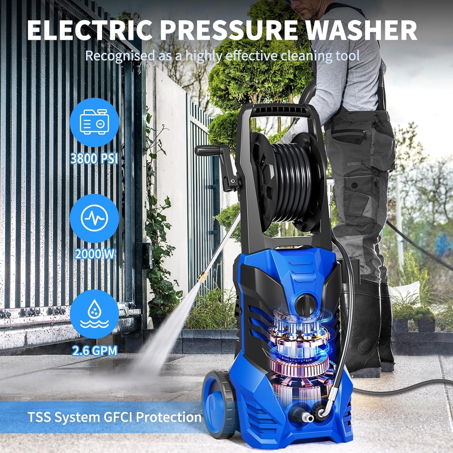 Vebreda 3800 PSI Electric Pressure Washer Lightweight Power Pressure Washer, Great for Cars Washing Fences Patios Driveways