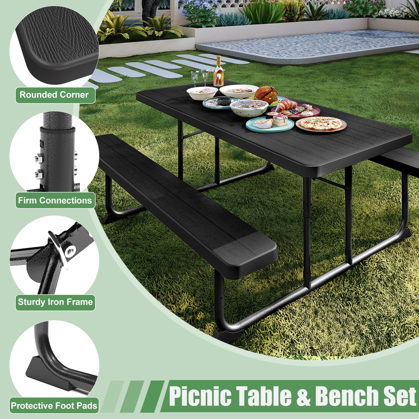 Fenbeli 6-Foot Outdoor Folding Picnic Table, Black