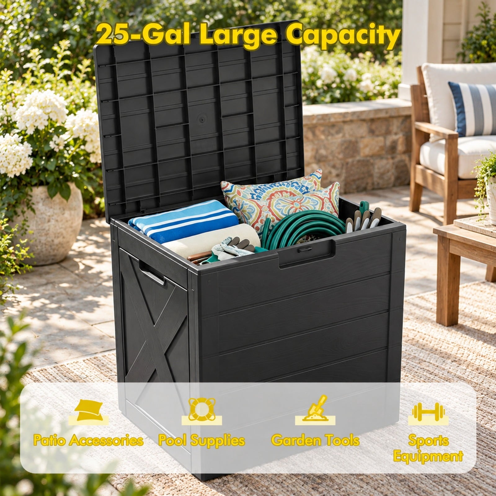 Fenbeli 25 Gallon Storage Bin with Lid Carry Handles and Lock Hole for Patio Furniture Accessories, 110 lbs Capacity, PP Frame, Black