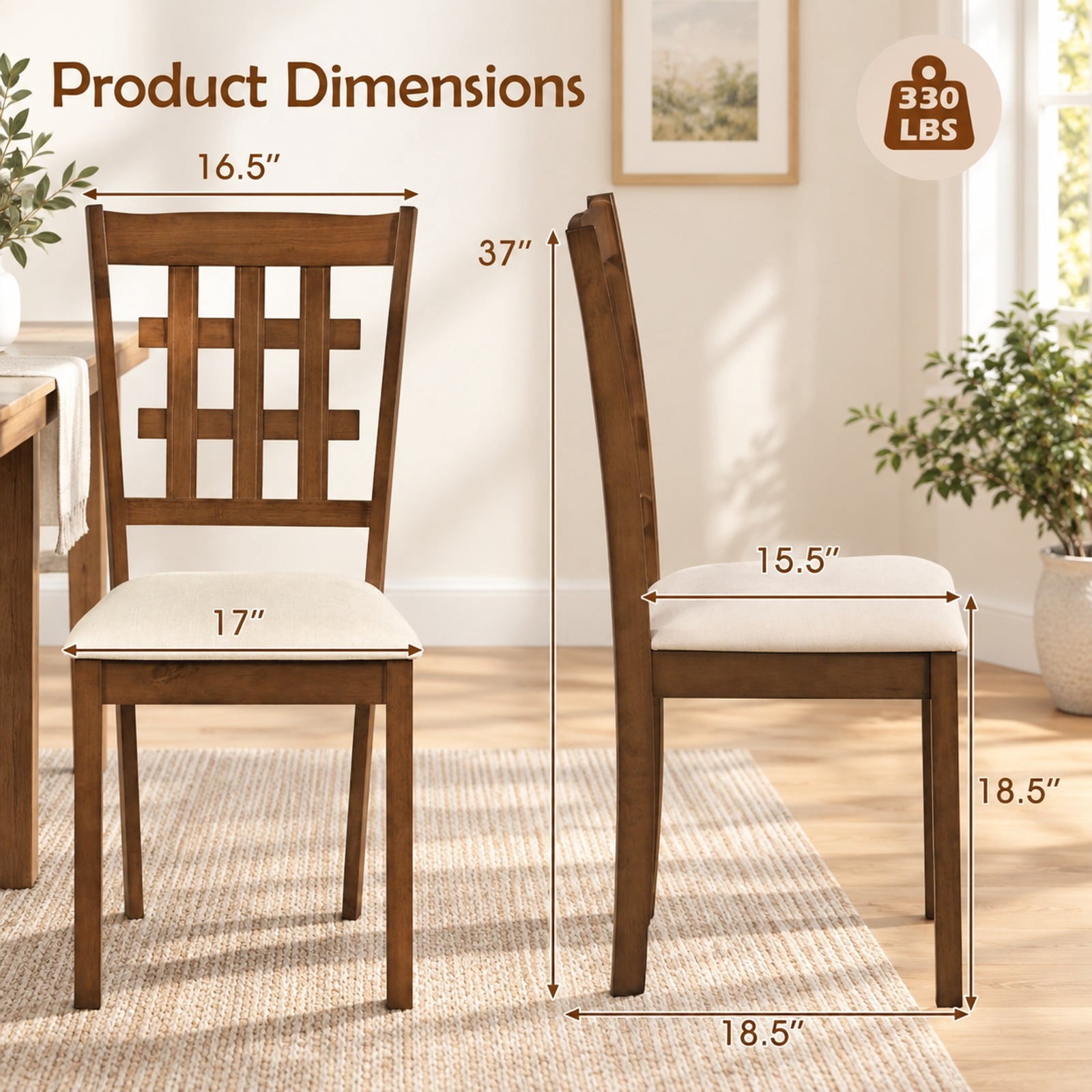 Fenbeli Set of 2 Wood Kitchen Chairs with Faux Leather Upholstered Seat, 265 lbs Capacity, Rubber Wood MDF Polyester Sponge Frame, Coffee