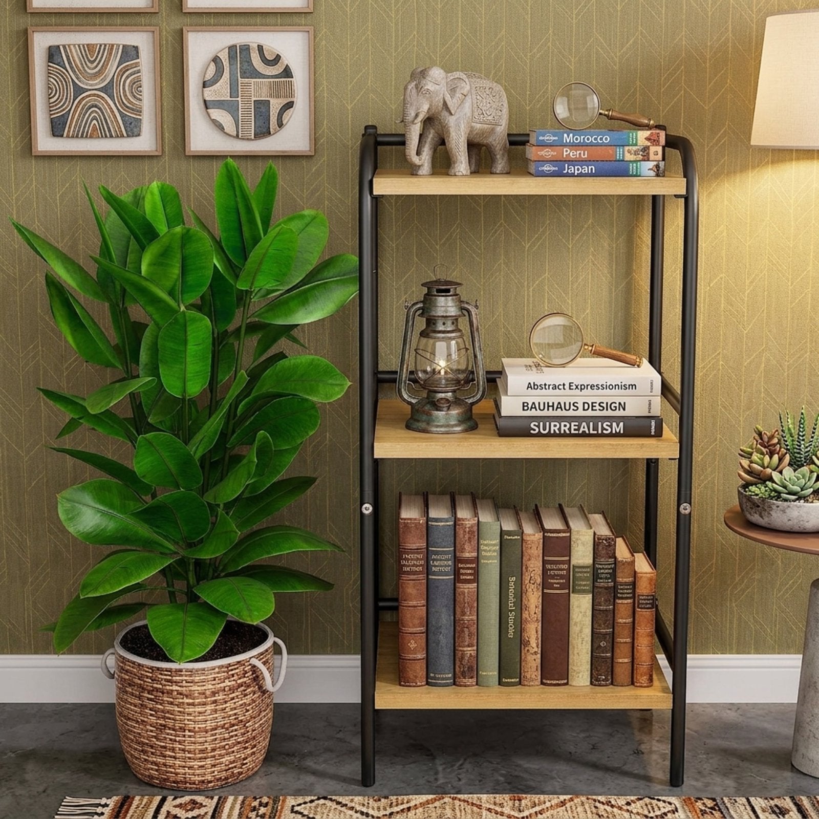 Furnibear 3-Tier Rustic Wood & Metal Bookshelf, Small Office Shelf & Storage Rack for Living Room, Kitchen