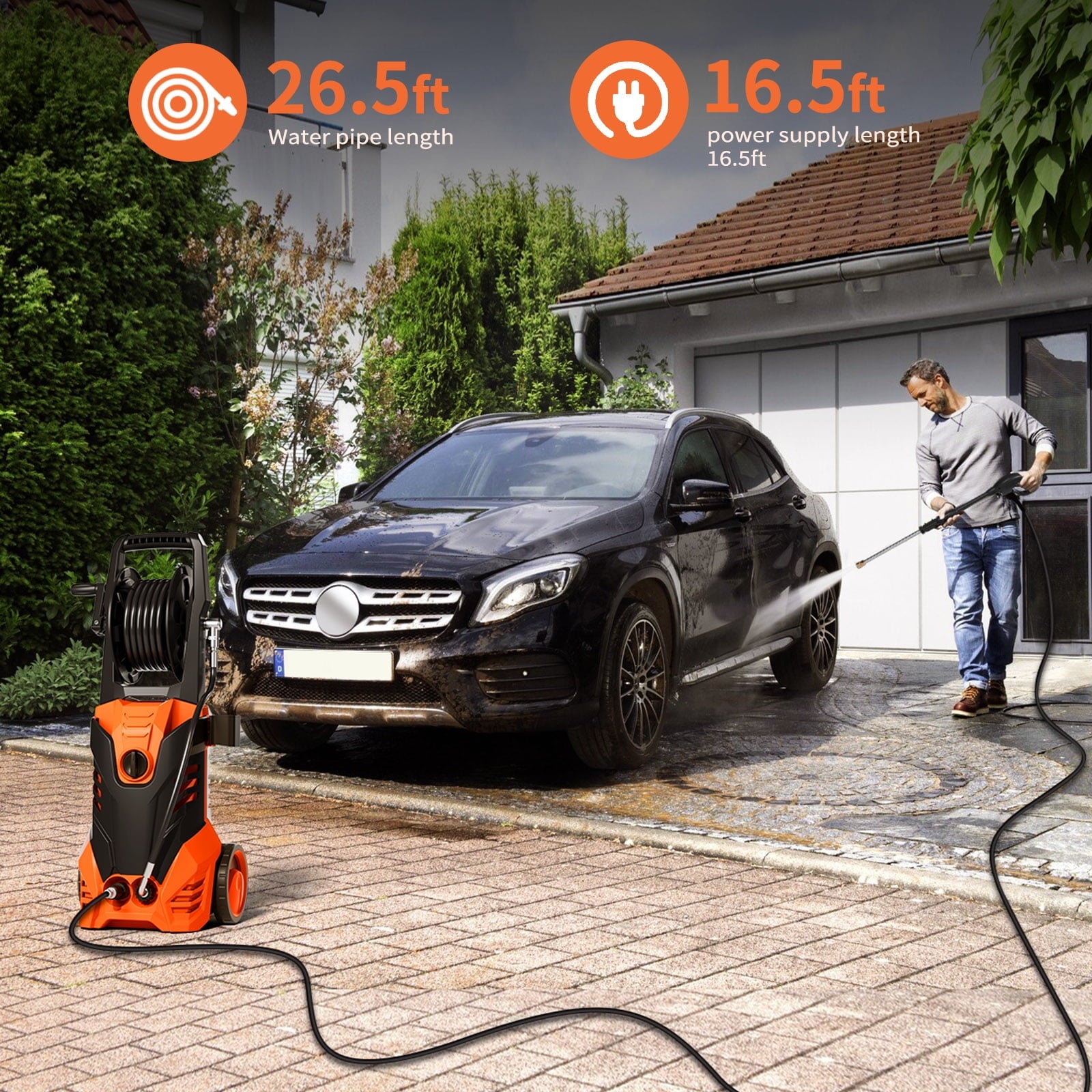 Fenbeli 3800 PSI Electric Pressure Washer - Lightweight with Wheels, Easy to Assemble, 2.0GPM, Includes 5 Nozzles for Cars, Fences, Driveways, Orange