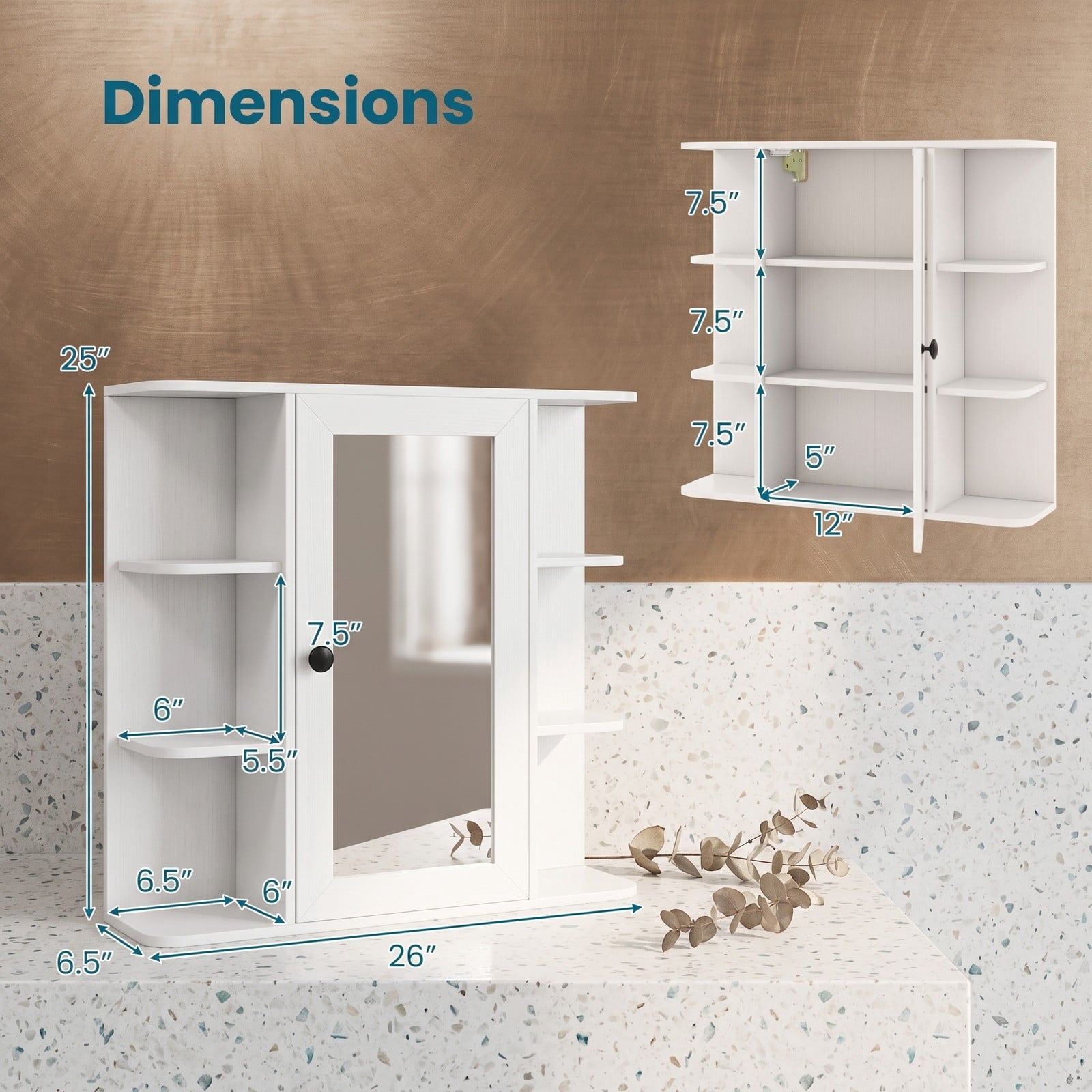 Fenbeli Wall Mounted Bathroom Medicine Cabinet with Mirror and Open Shelves, Wood Storage Organizer with Mirrored Door and Adjustable Compartments for Bathroom, White