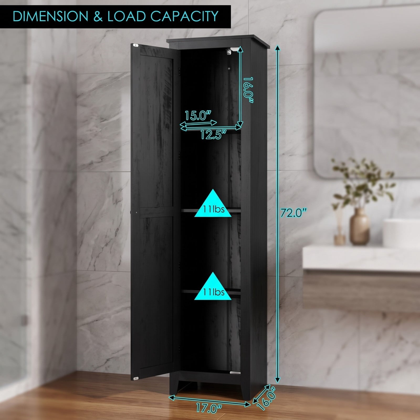 Fenbeli Linen Tower Bathroom Storage Cabinet, Tall Slim Freestanding Floor Organizer with 4 Shelves, Anti-Tip Side Storage Cabinet with Door and Magnetic, Black