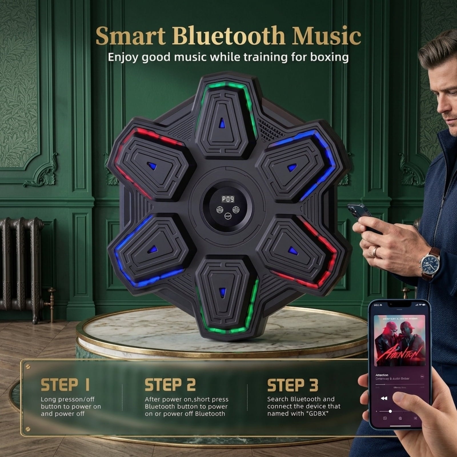Fenbeli Smart Boxing Trainer Wall-Mounted Punching Pad with LED Lights Music and 8 Rhythm Modes 3 Mounting Options for Home Reaction Training, Black