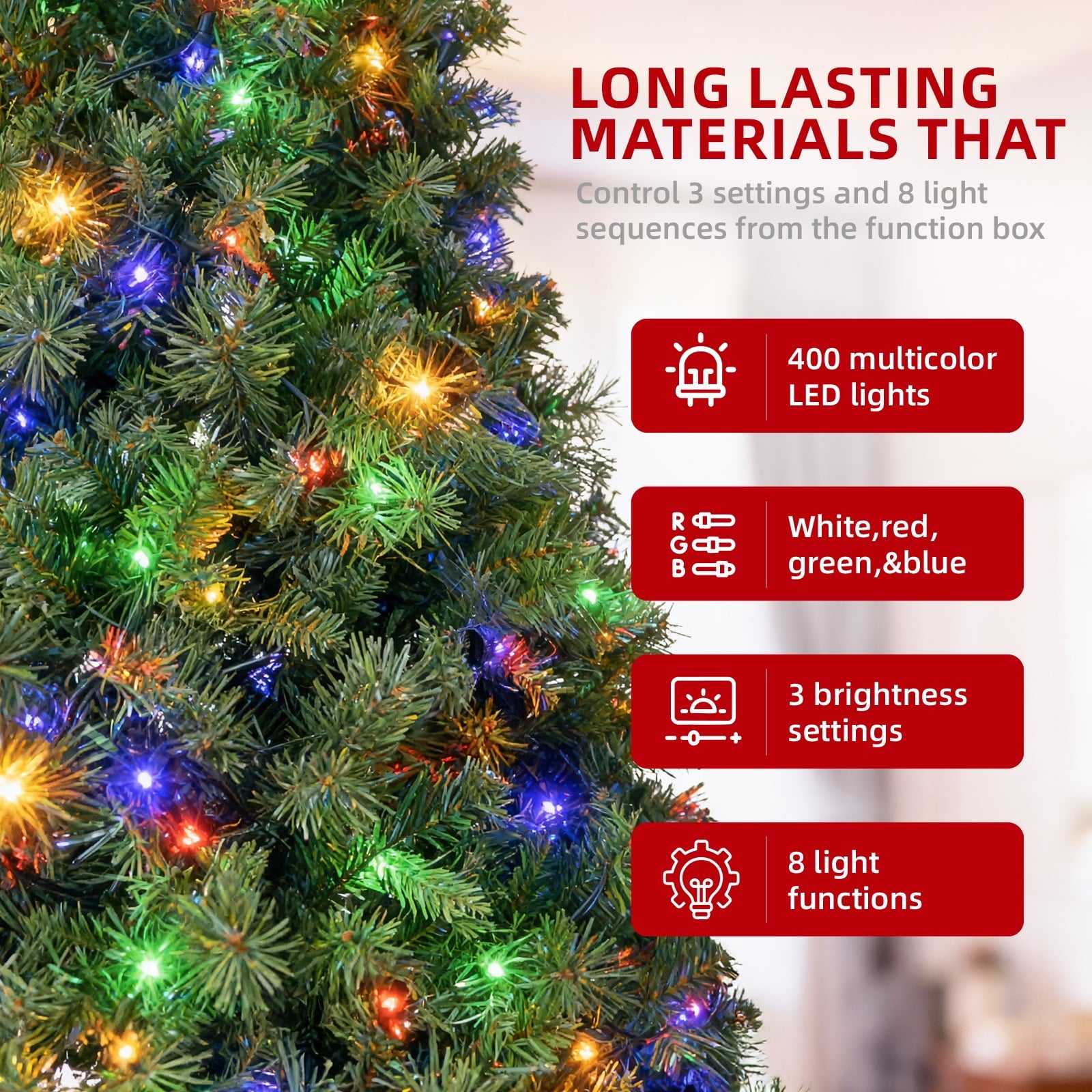Fenbeli 7.5ft Pre-Lit Artificial Christmas Tree with 400 Multicolored LED Lights, 8 Sequences, Green
