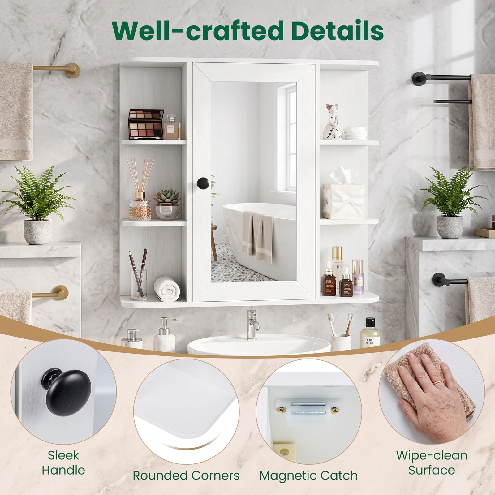 Fenbeli Wall Mounted Bathroom Medicine Cabinet with Mirror and Open Shelves, Wood Storage Organizer with Mirrored Door and Adjustable Compartments for Bathroom, White