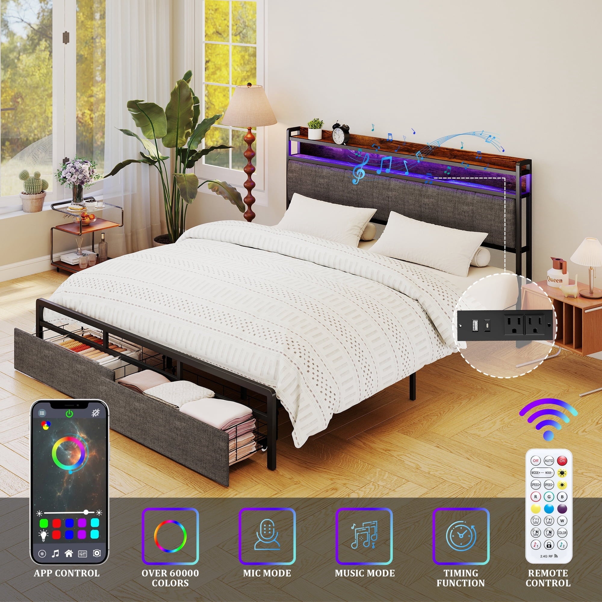 Furnibear LED Full Bed Frame with Upholstered Storage Headboard and Drawers, LED Platform Bed with Charging Station, No Box Spring Needed