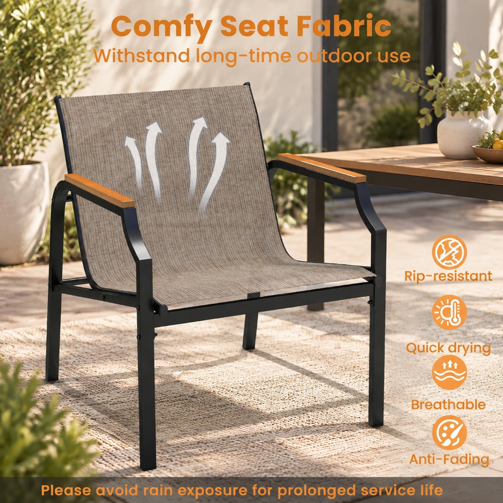 Fenbeli 3 Piece Outdoor Chair Set with Breathable Fabric Seat and Armrests, Chair 330 lbs Capacity, Metal Fabric Tempered Glass PS Frame, Brown