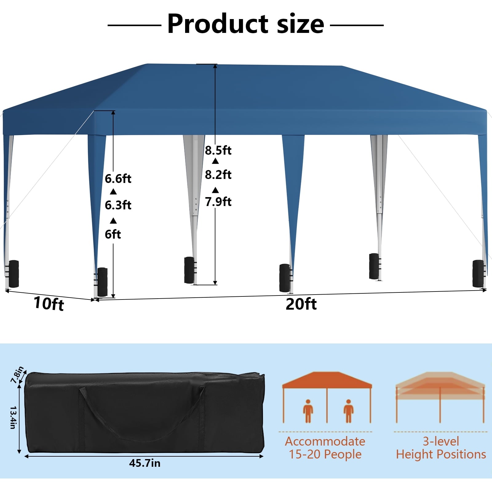 Fenbeli 10x20 Pop Up Canopy Easy Setup Outdoor Canopy Tent for Events, Camping, and Backyard, Blue