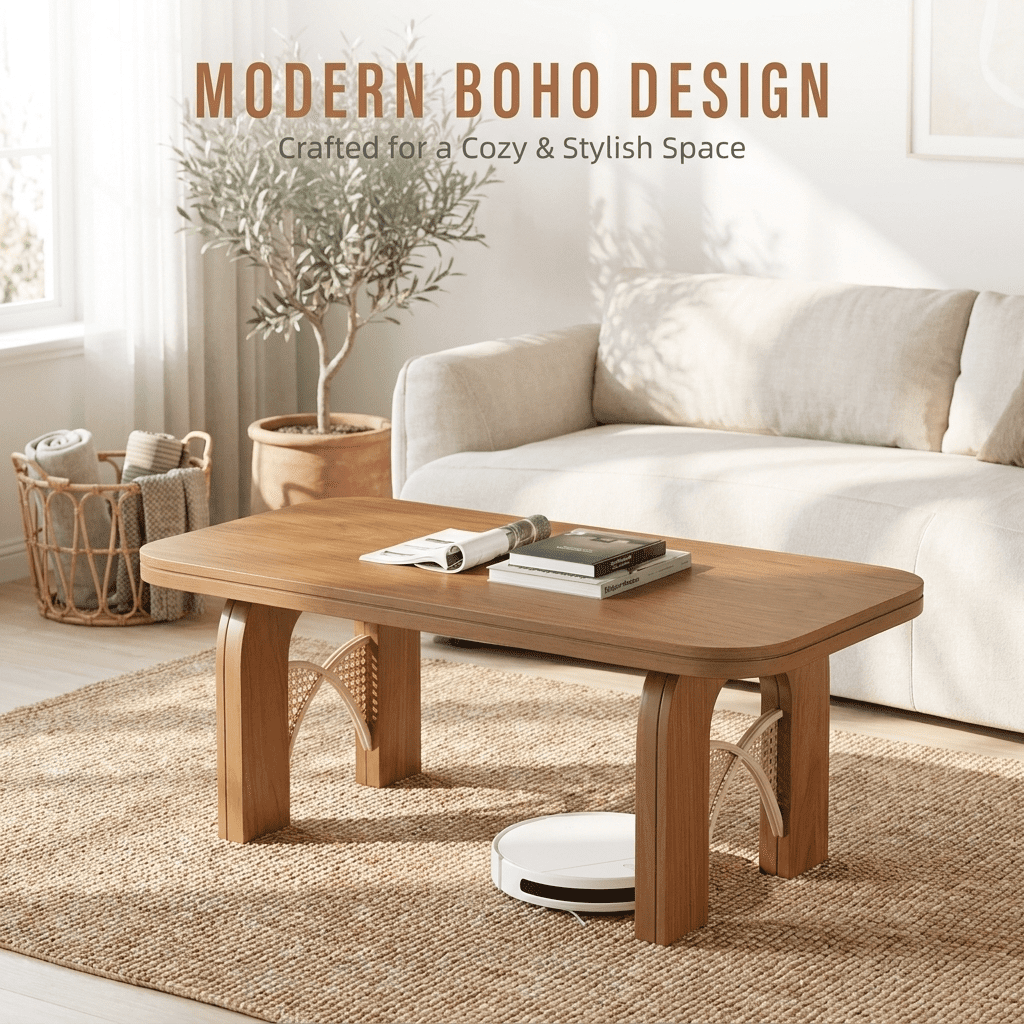Furnibear Boho Coffee Table for Living Room with Woven Cane and Arched Wood Legs for Living Room,Brown