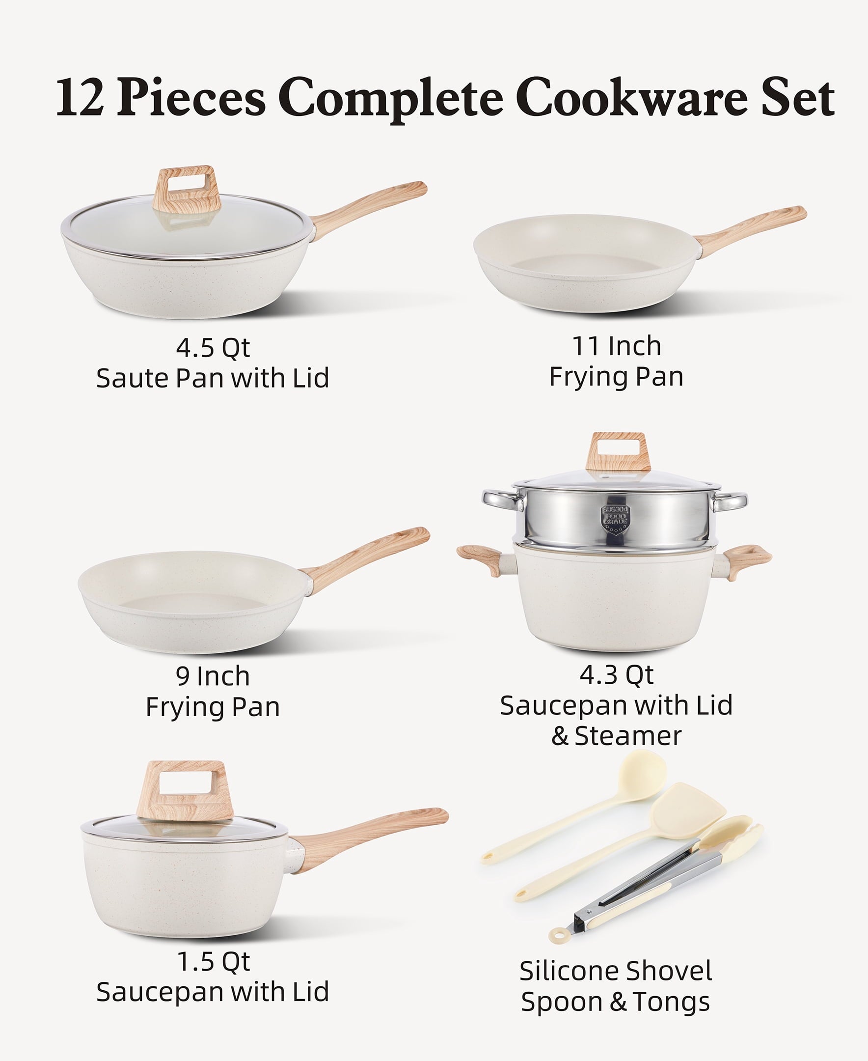Fenbeli 12 Pcs Pots and Pans Set Nonstick,Ceramic Cookware Set with Pots Protectors and Cooking Utensils,Cream White