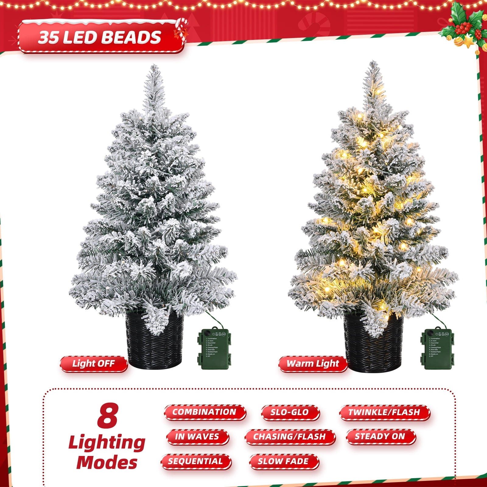 Fenbeli Pre-Lit Artificial Mini Christmas Tree, 24" Snow Flocked Artificial Pine Xmas Tree