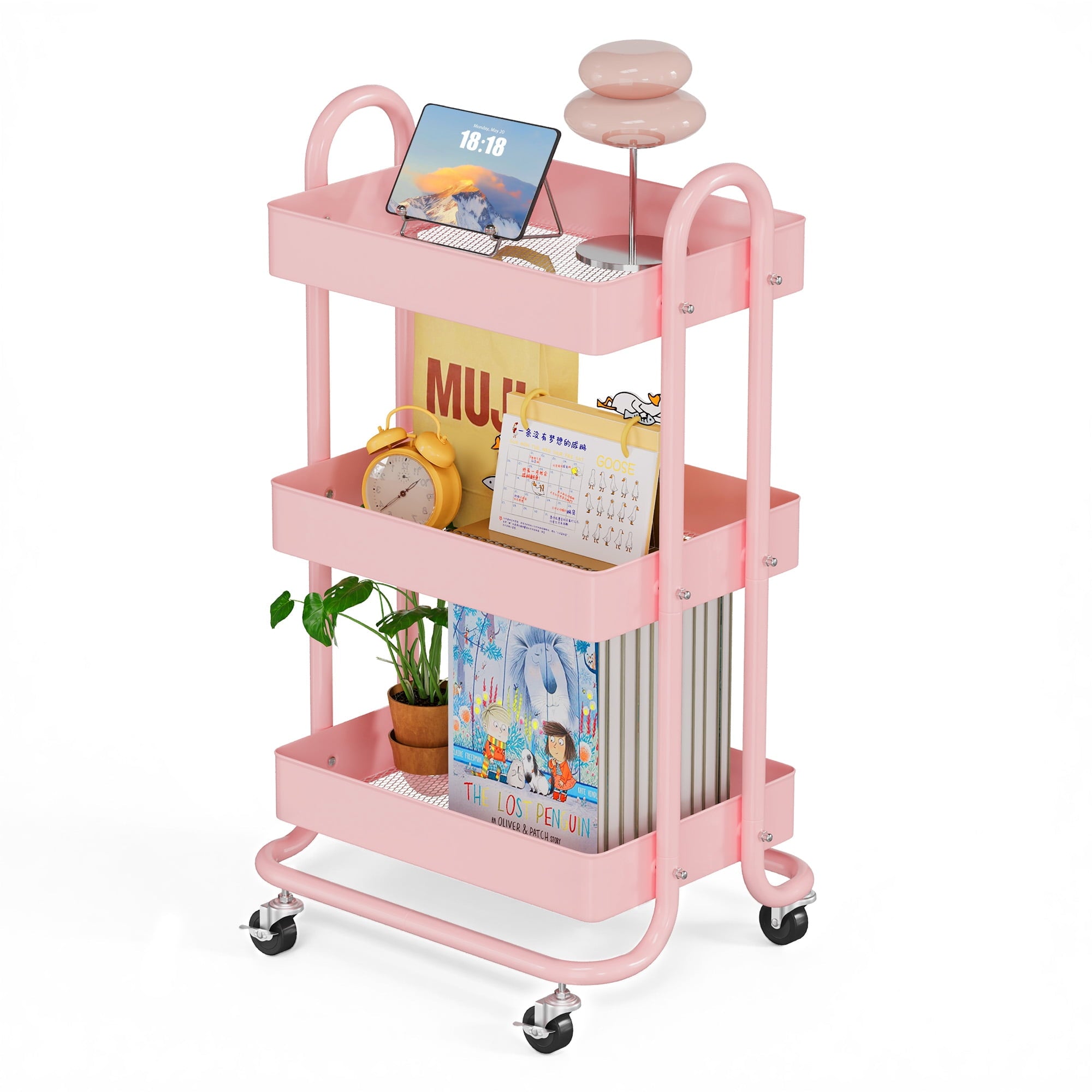 Fenbeli 3-Tier Metal Rolling Utility Cart with Wheels, pink, 18L x 13.4W x 31H