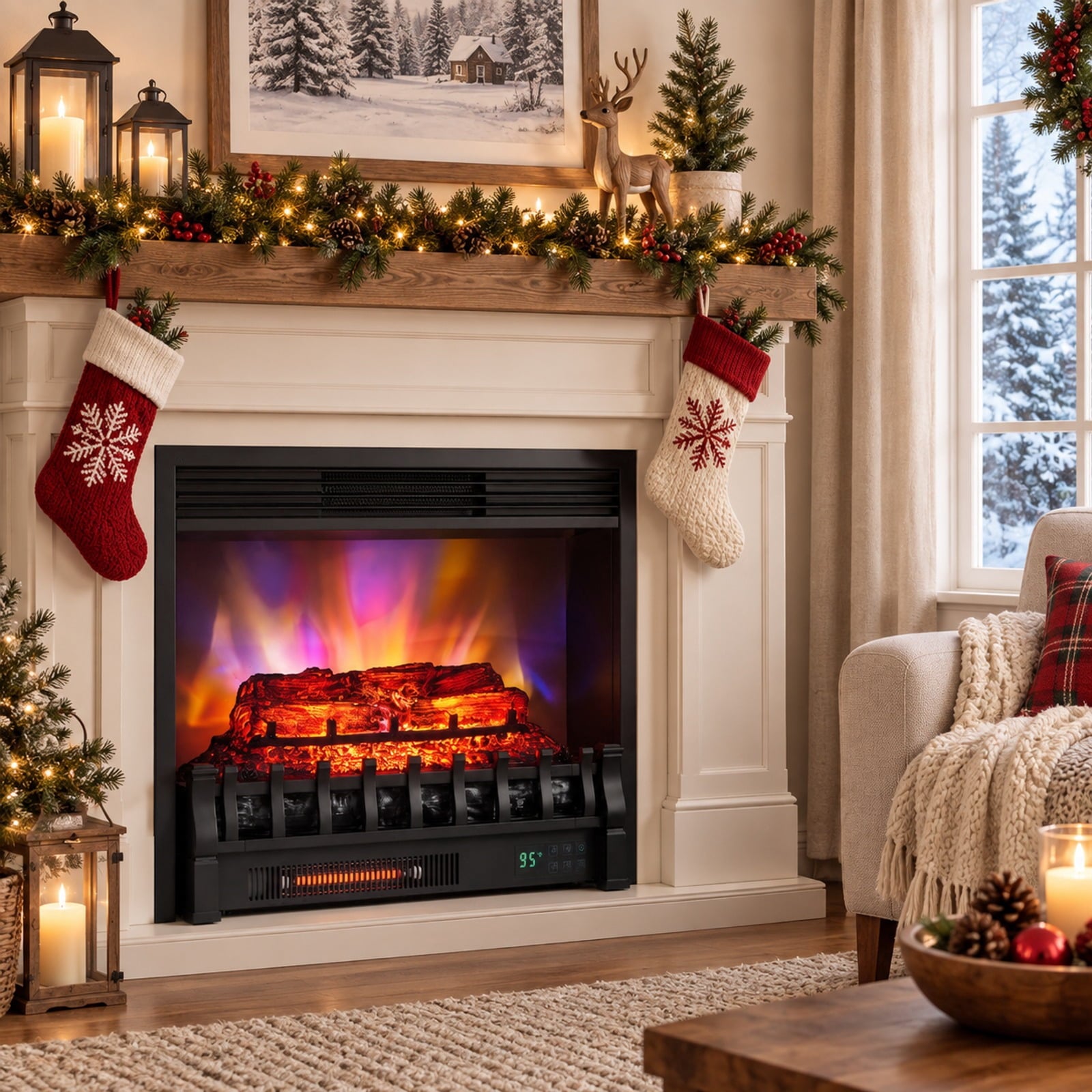 Fenbeli 23 WiFi Fireplace Insert Pinewood Set with App and Remote, Metal Resin Frame, 23 x 8.9 x 12.6 Cord Length 5.8 ft Footprint, Black