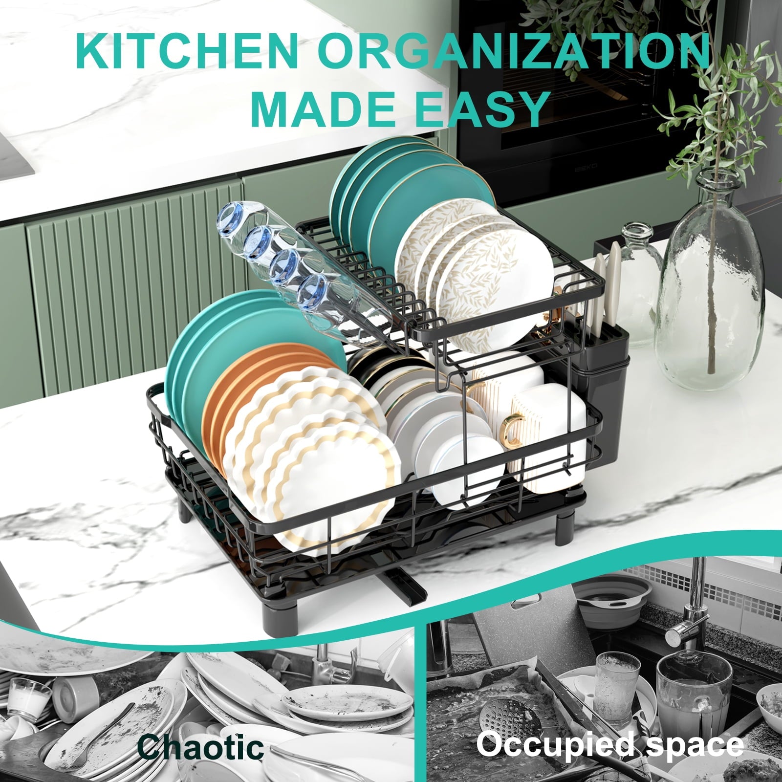 Fenbeli 2-Tier Dish Drying Rack with Drainboard, Rustproof Dish Rack with Utensil Holder & Swivel Spout, Large Kitchen Dish Drainer for Counter