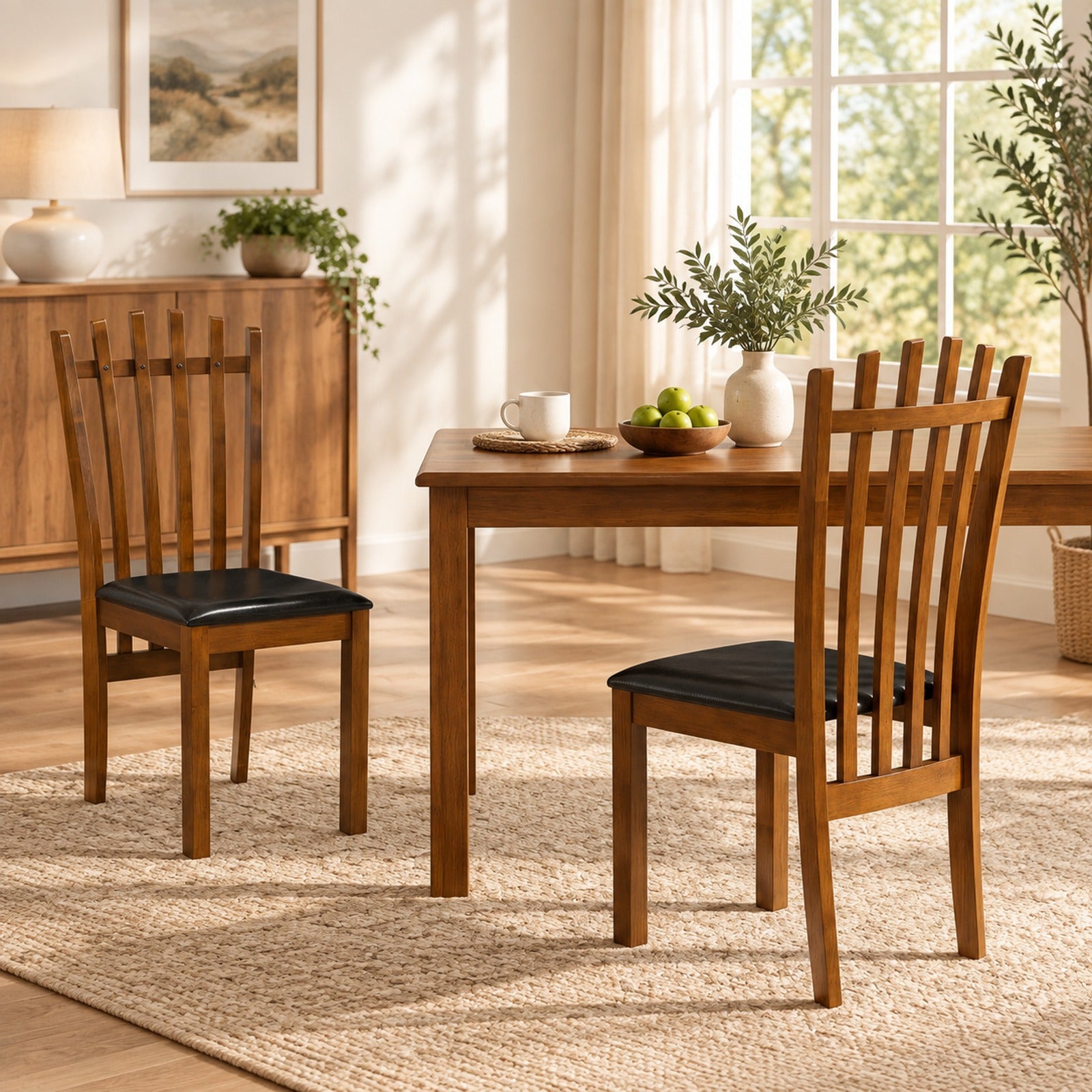 Fenbeli Wooden Dining Chair Set of 2 with Spindle Back and PU Leather Seat, 330 lbs Capacity, Rubber Wood PU Leather Sponge Frame, Black