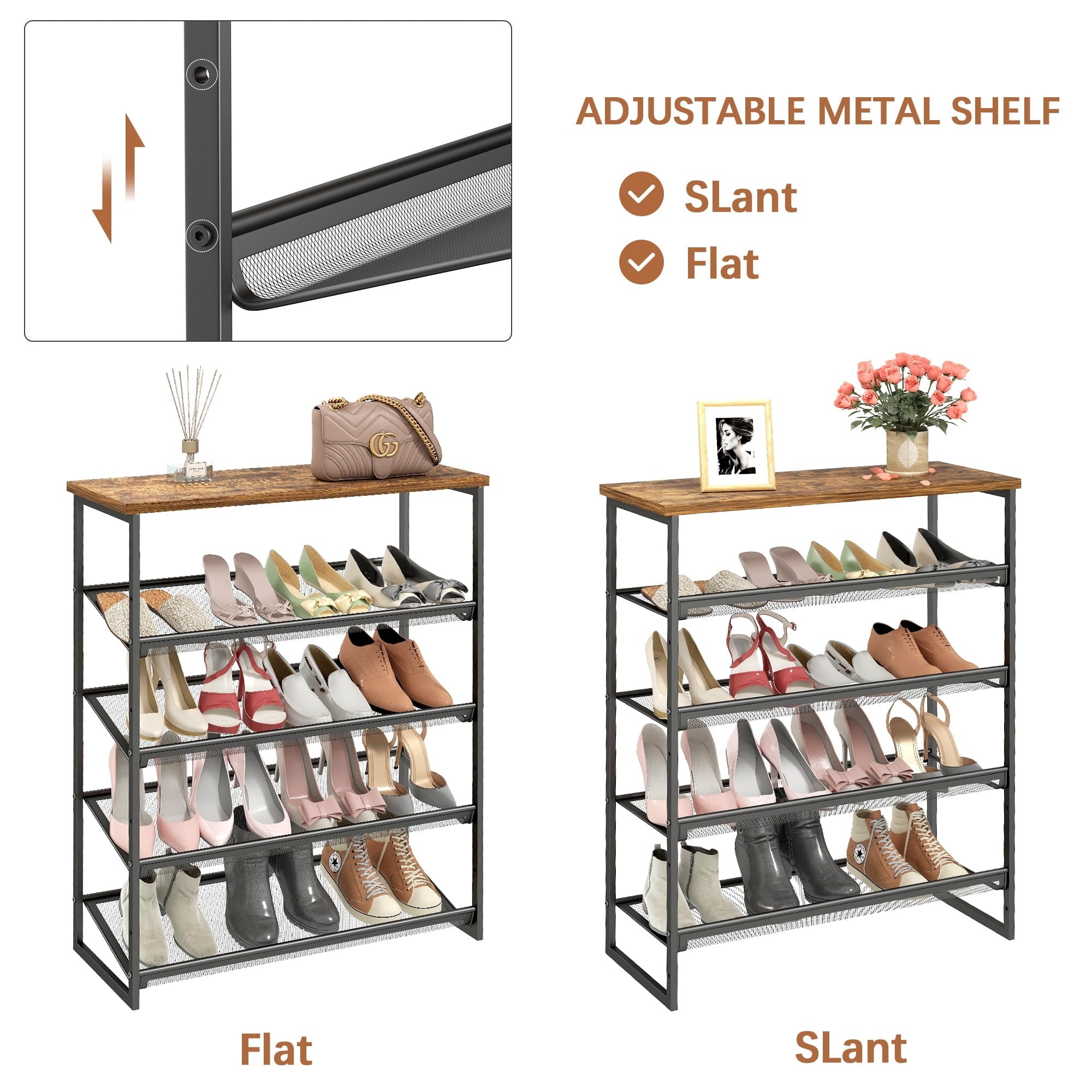 Fenbeli 5-Tier Metal Shoe Rack Free Standing Storage Organizer Holds 15 Pairs for Entryway and Closet, Black
