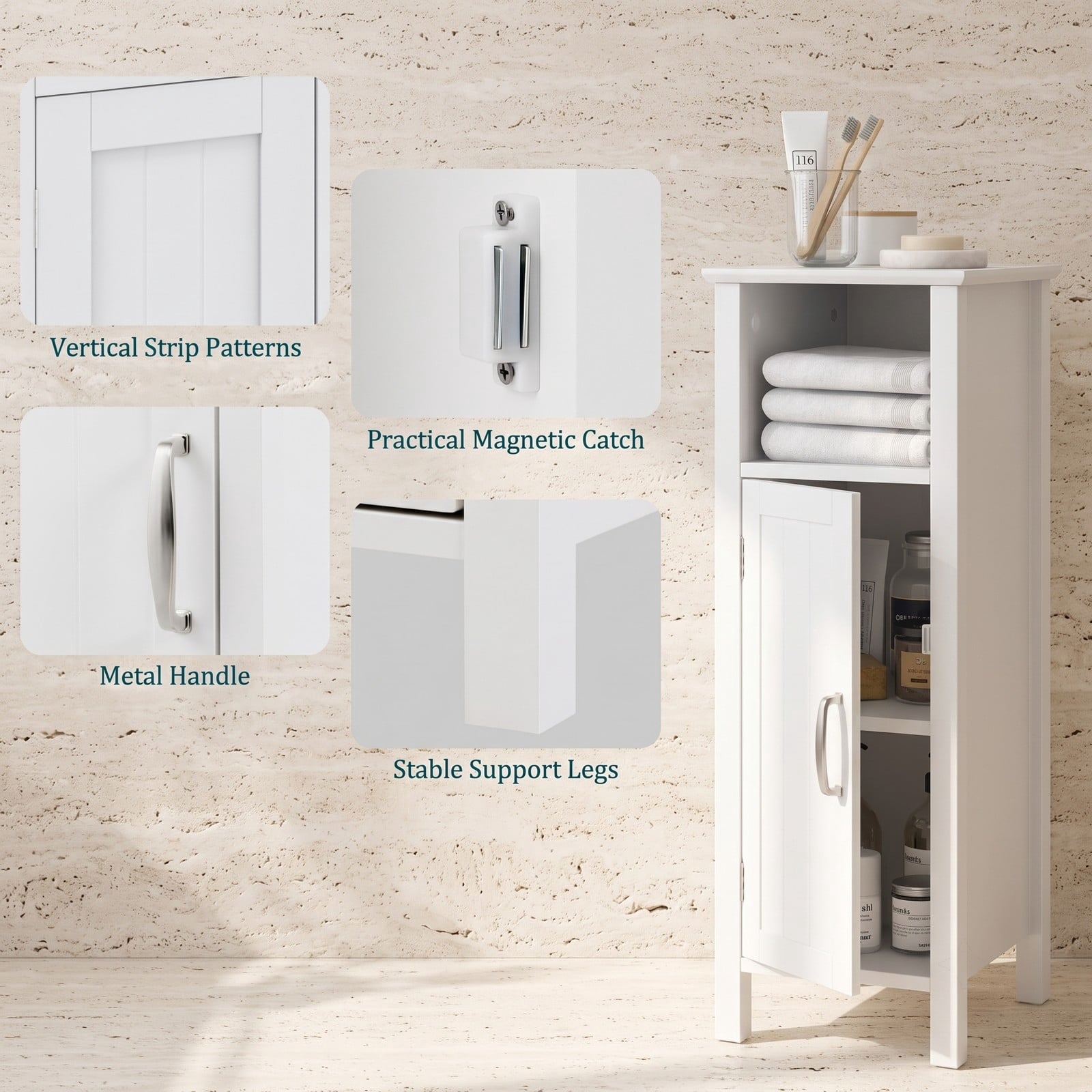 Fenbeli 1-Door Freestanding Bathroom Cabinet with Open Shelf, 2-Tier Floor Storage Organizer and Anti-Tip MDF Corner Cabinet for Bathroom Bedroom Living Room, White