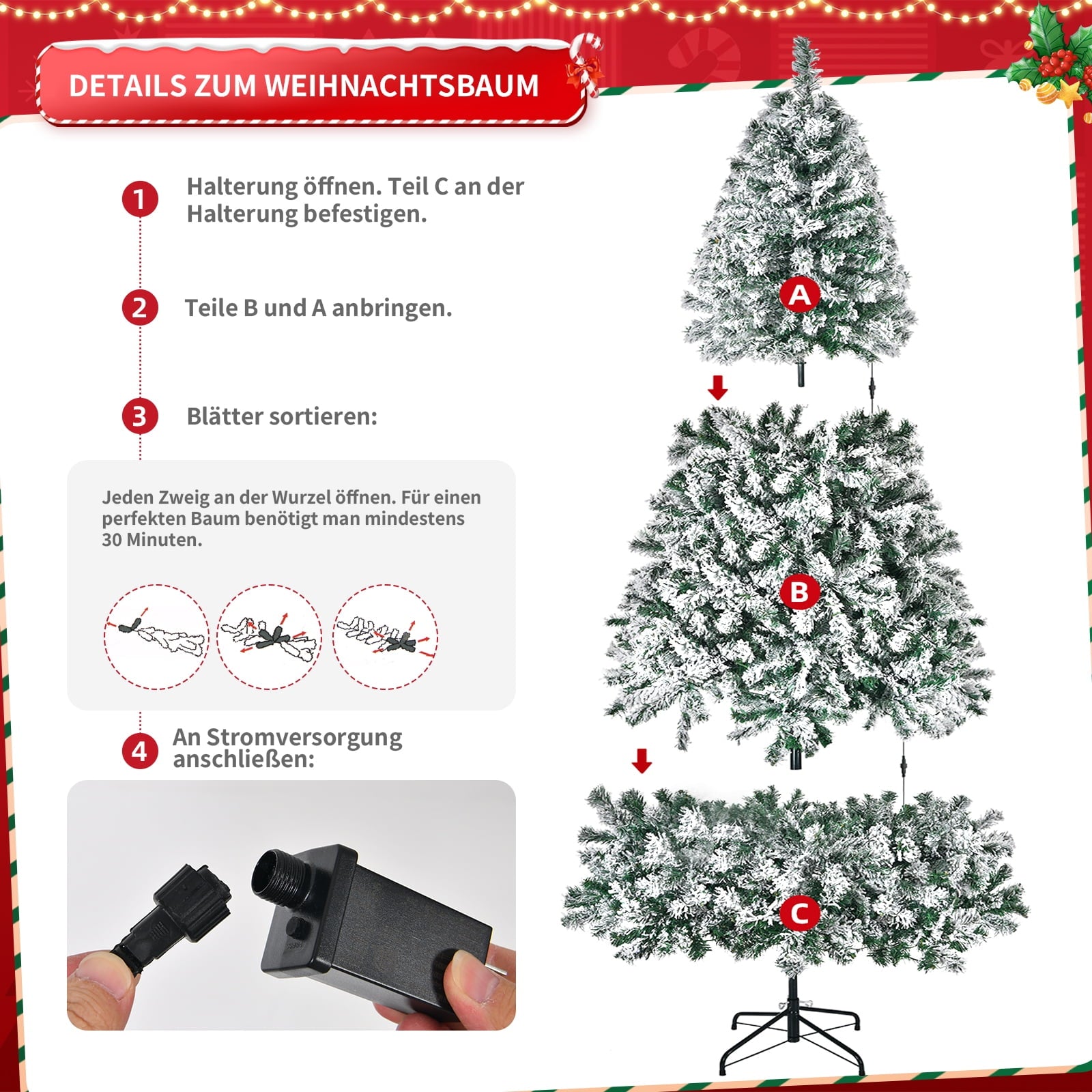 Fenbeli 7.5ft Pre-Lit Premium Snow Flocked Artificial Christmas Tree with 1405 Tips 350 LED Multicolor Lights