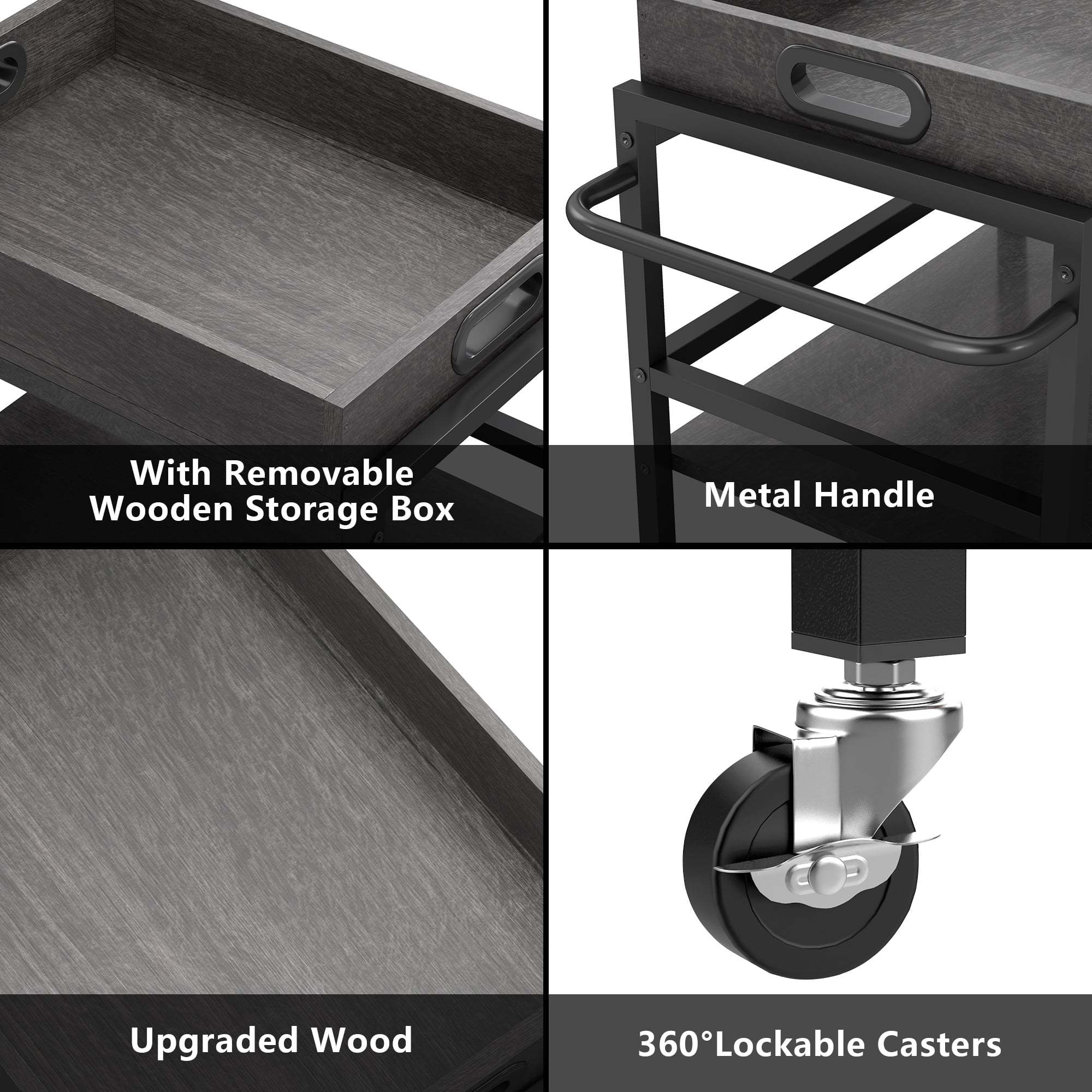 Fenbeli 3-Tier Rolling Kitchen Cart with Removable Wooden Storage Box and Wheels, Gray, 21.9L x 15.8W x 36.2H