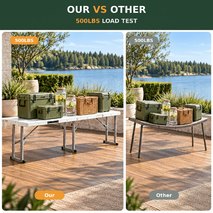 Fenbeli 6 FT Folding Picnic Table with 2 Benches, 660 lb Foldable Portable Picnic Set, 70 in Wood Grain HDPE Plastic Top, Steel Frame, Seats 4, Outdoor Camping Dining Table for Patio, Party, BBQ