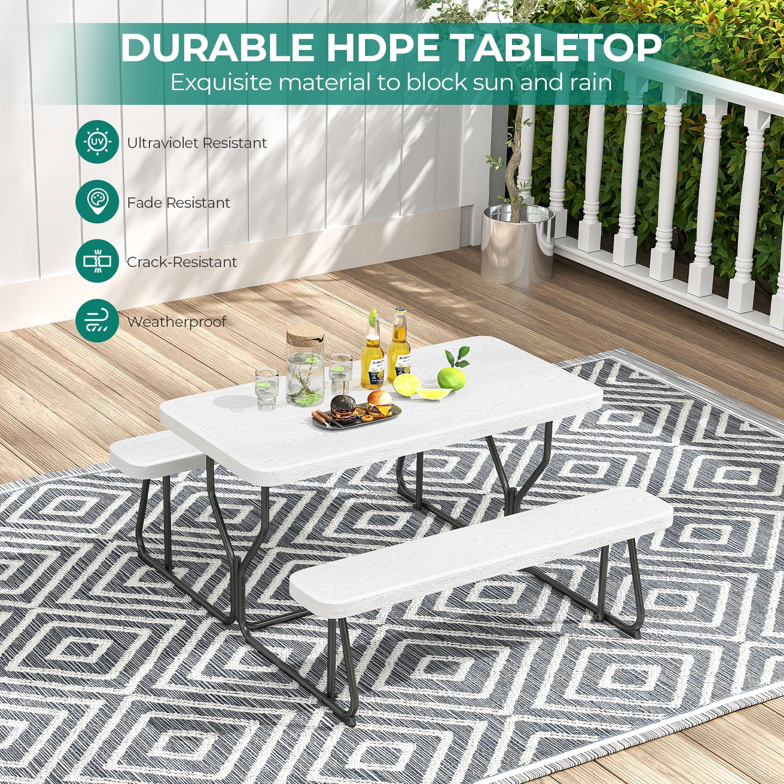 Fenbeli Picnic Table Bench Set Outdoor, All-Weather Patio Dining Furniture for Backyard Garden Deck, White