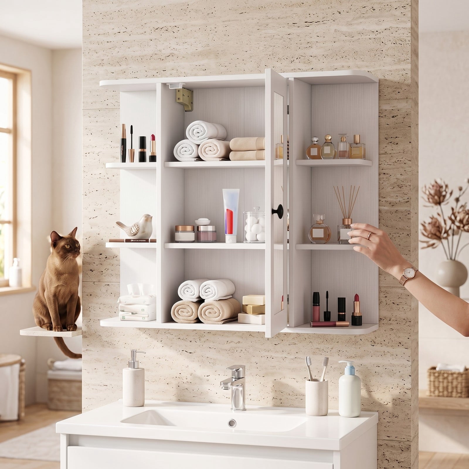 Fenbeli Wall Mounted Bathroom Medicine Cabinet with Mirror and Open Shelves, Wood Storage Organizer with Mirrored Door and Adjustable Compartments for Bathroom, White